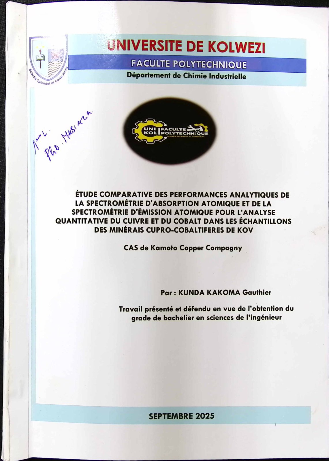 First page of ÉTUDE COMPARATIVE DES PERFORMANCES ANALYTIQUES DE LA SPECTROMÉTRIE D'ABSORPTION ATOMIQUE ET DE LA SPECTROMÉTRIE D'ÉMISSION ATOMIQUE POUR L'ANALYSE QUANTITATIVE DU CUIVRE ET DU COBALT DANS LES ÉCHANTILLONS DES MINÉRAIS CUPRO-COBALTIFERES DE KOV