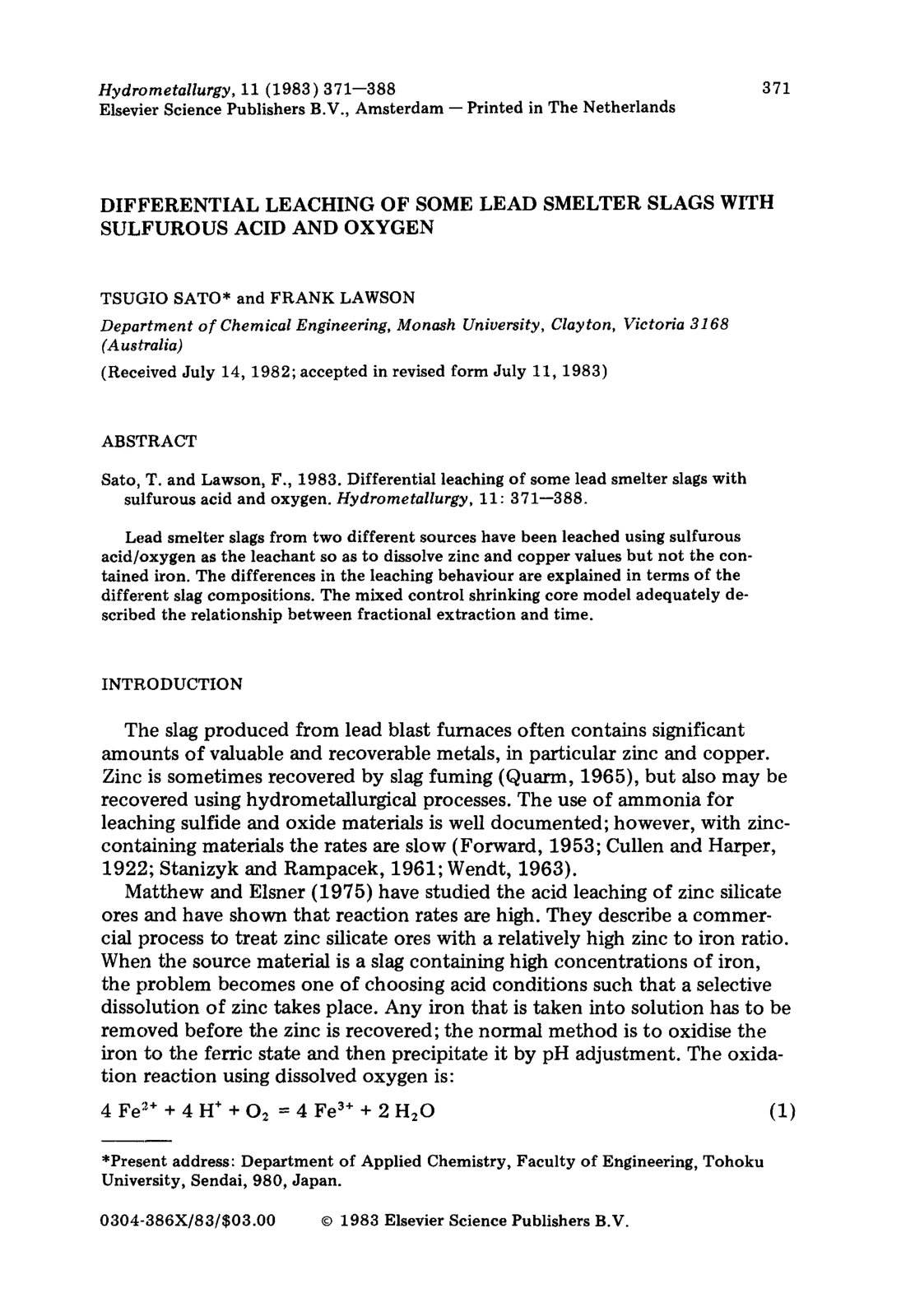 First page of Differential leaching of some lead smelter slags with sulfurous acid and oxygen