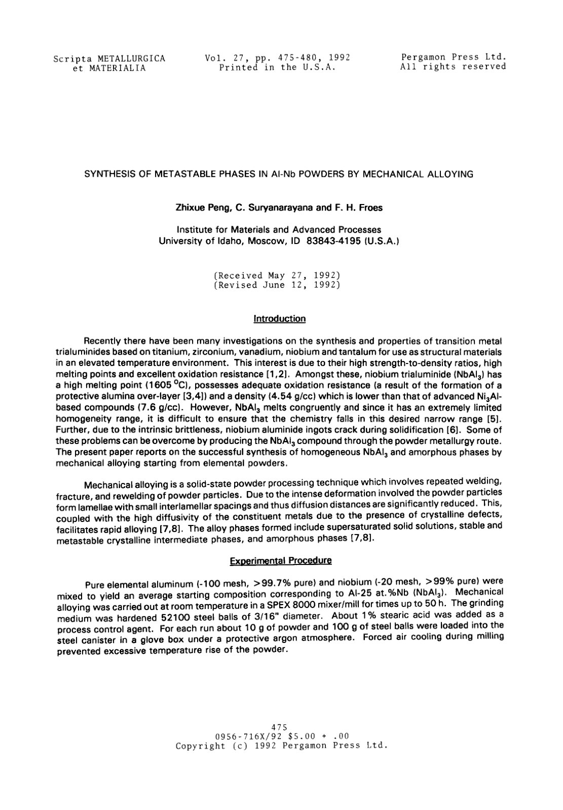 First page of SYNTHESIS OF METASTABLE PHASES IN AI-Nb POWDERS BY MECHANICAL ALLOYING