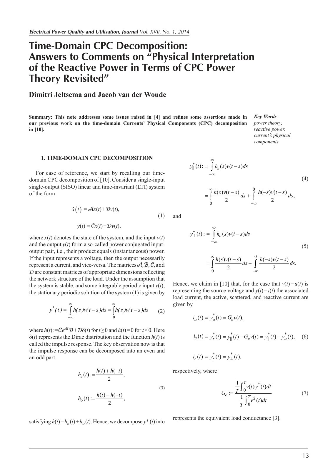 First page of Time-Domain CPC Decomposition: Answers to Comments on “Physical Interpretation of the Reactive Power in Terms of CPC Power Theory Revisited”