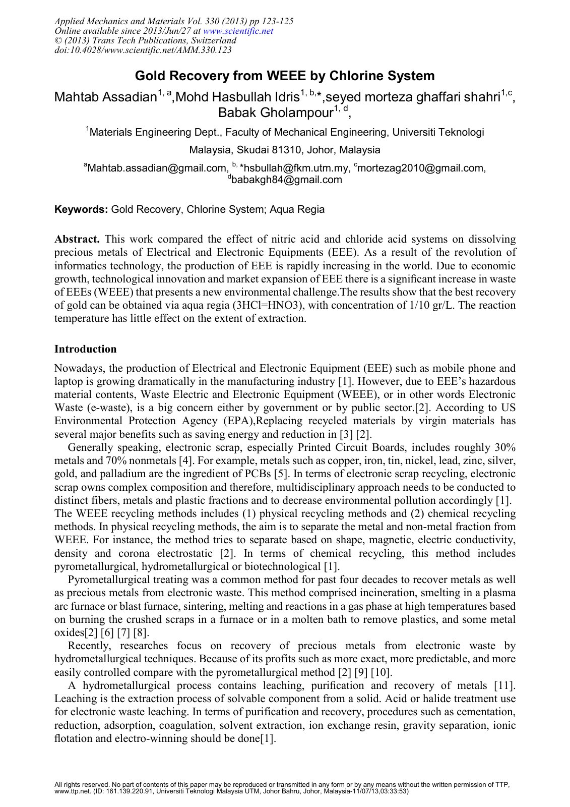 First page of Gold Recovery from WEEE by Chlorine Syst