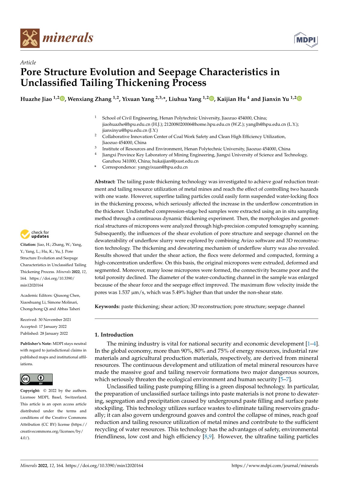 First page of Pore Structure Evolution and Seepage Characteristics in Unclassified Tailing Thickening Process