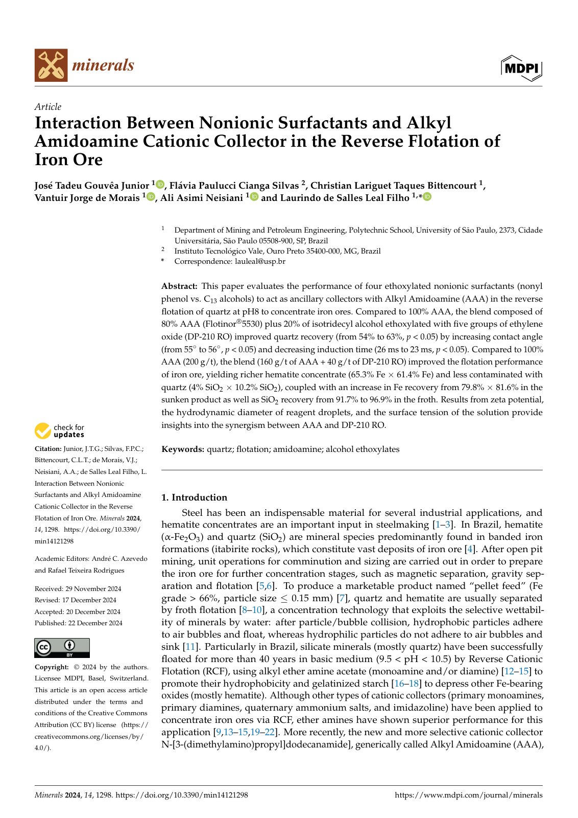 First page of Interaction Between Nonionic Surfactants and Alkyl Amidoamine Cationic Collector in the Reverse Flotation of Iron Ore