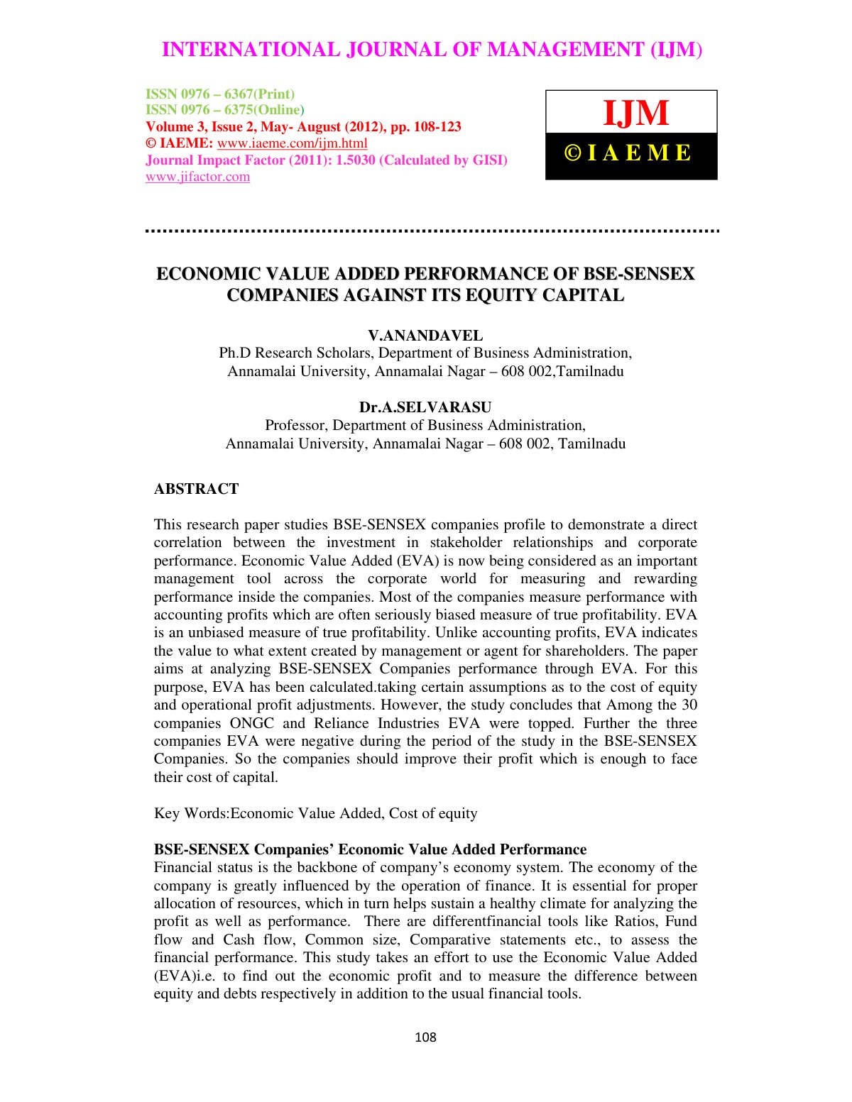 First page of ECONOMIC VALUE ADDED PERFORMANCE OF BSE