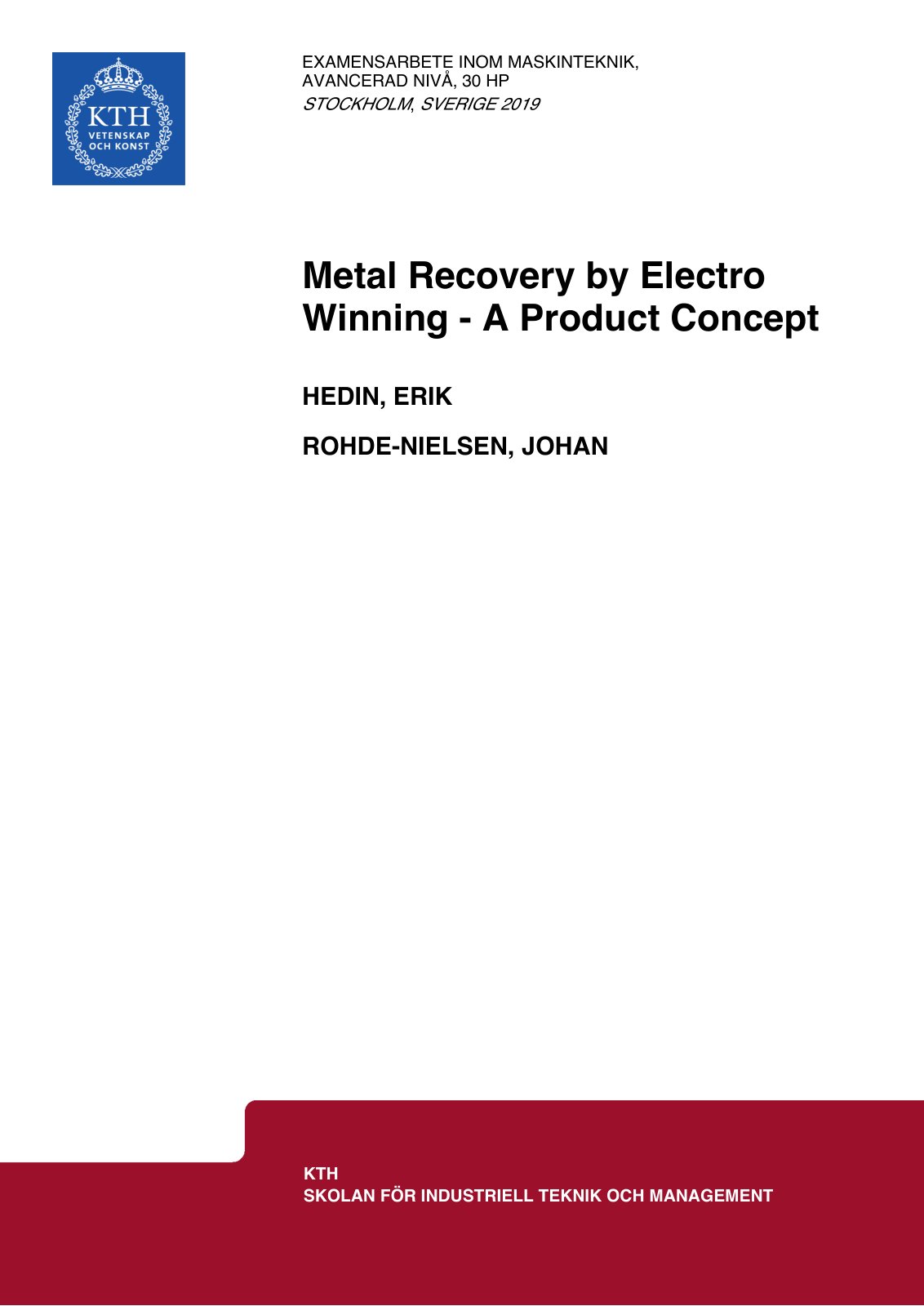 First page of Metal Recovery by Electro Winning - A Product Concept