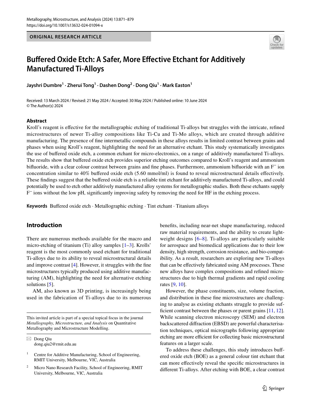 First page of 2024 Dumbre Buffered Oxide Etch Ti Alloys
