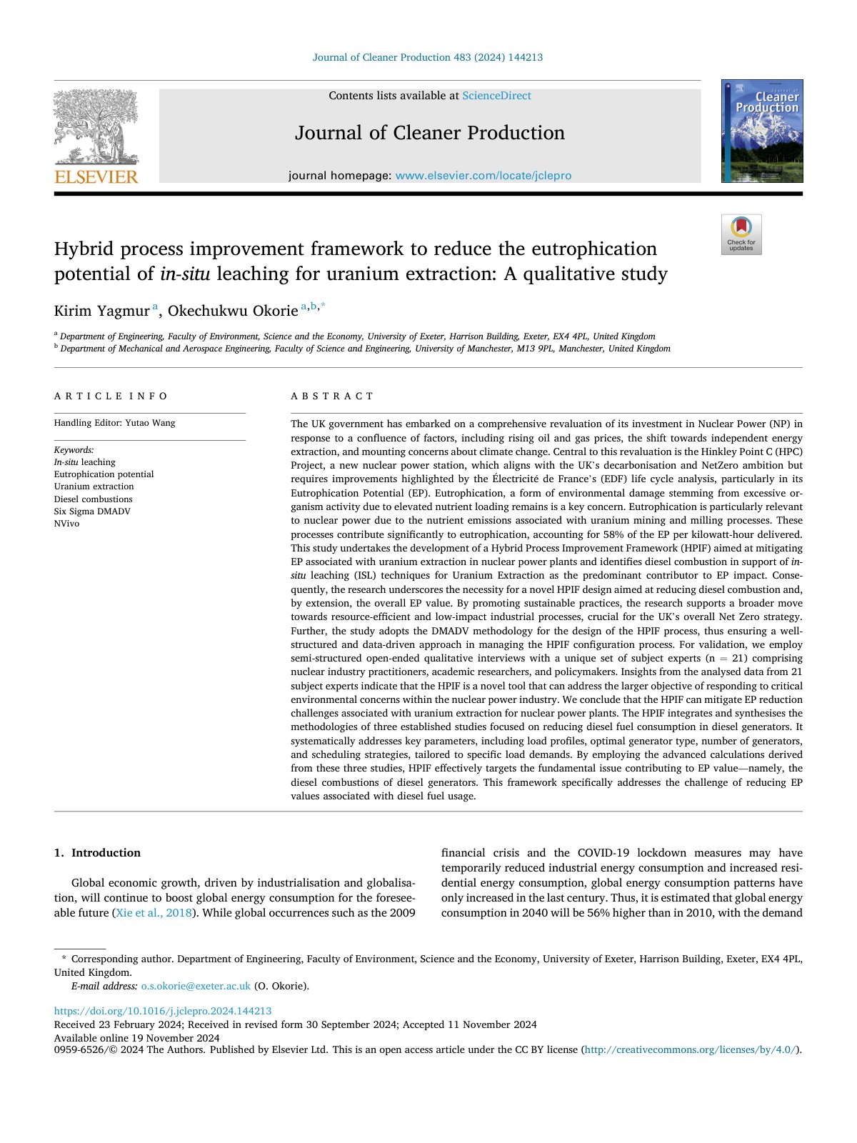 First page of Hybrid process improvement framework to reduce the eutrophication potential of in-situ leaching for uranium extraction: A qualitative study