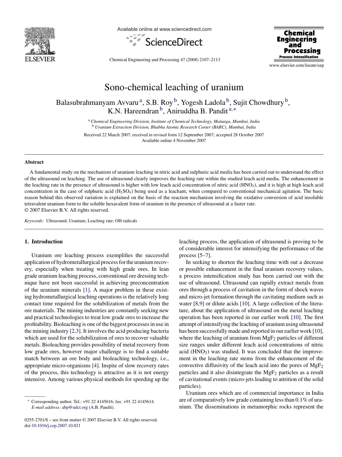 First page of Sono-chemical leaching of uranium