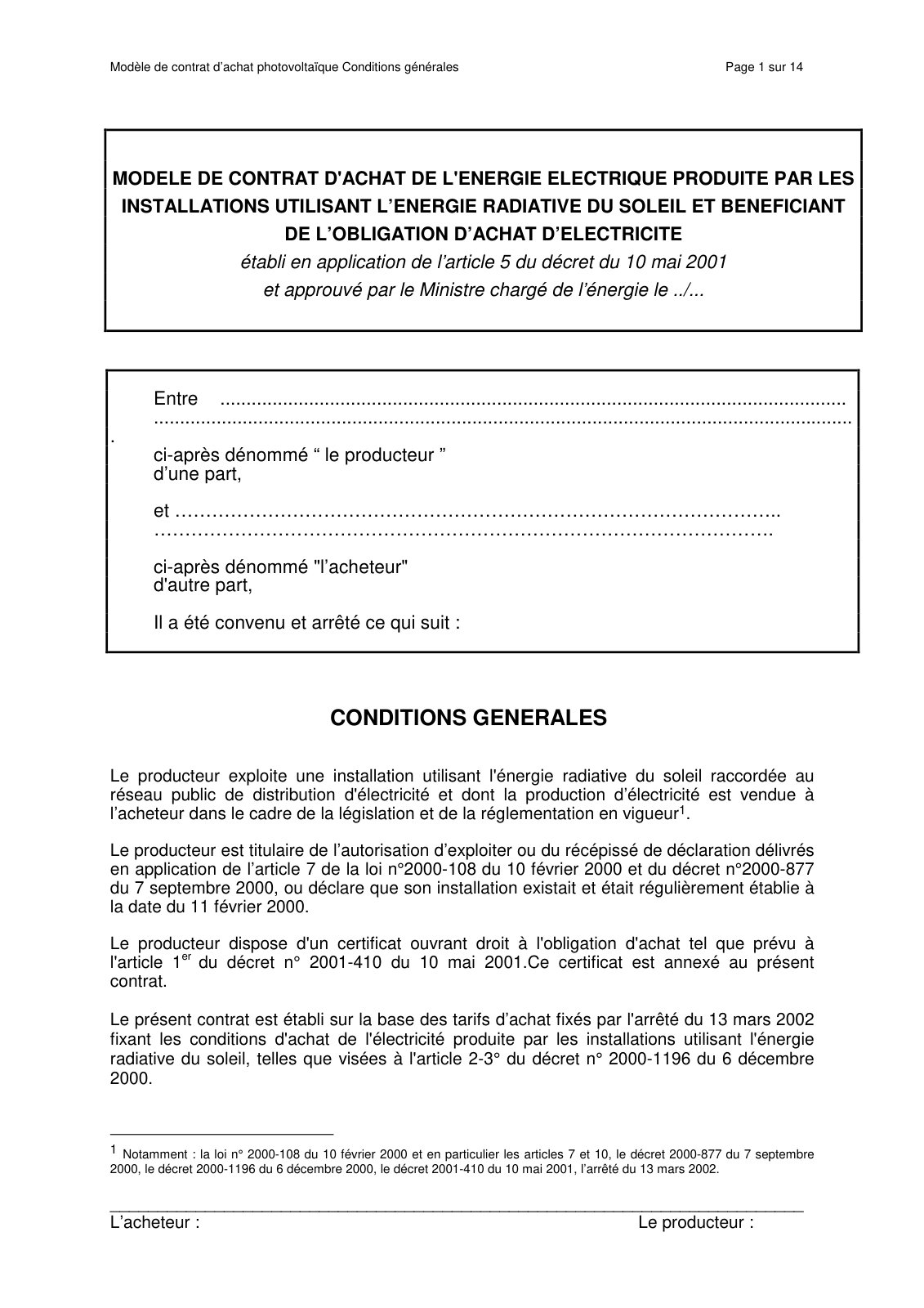 First page of Modèle de contrat d'achat photovoltaïque