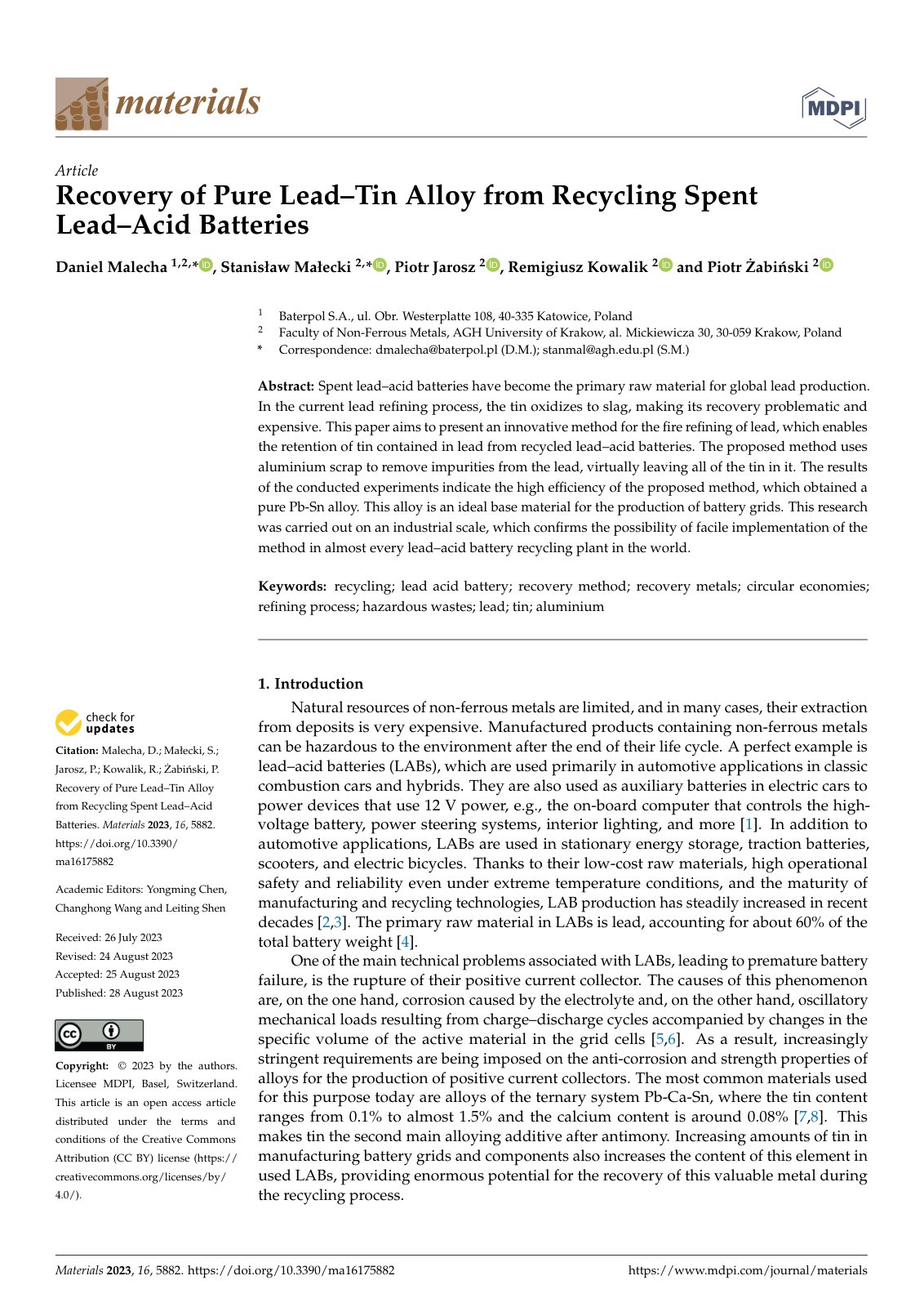 First page of Recovery of Pure Lead–Tin Alloy from Recycling Spent Lead–Acid Batteries