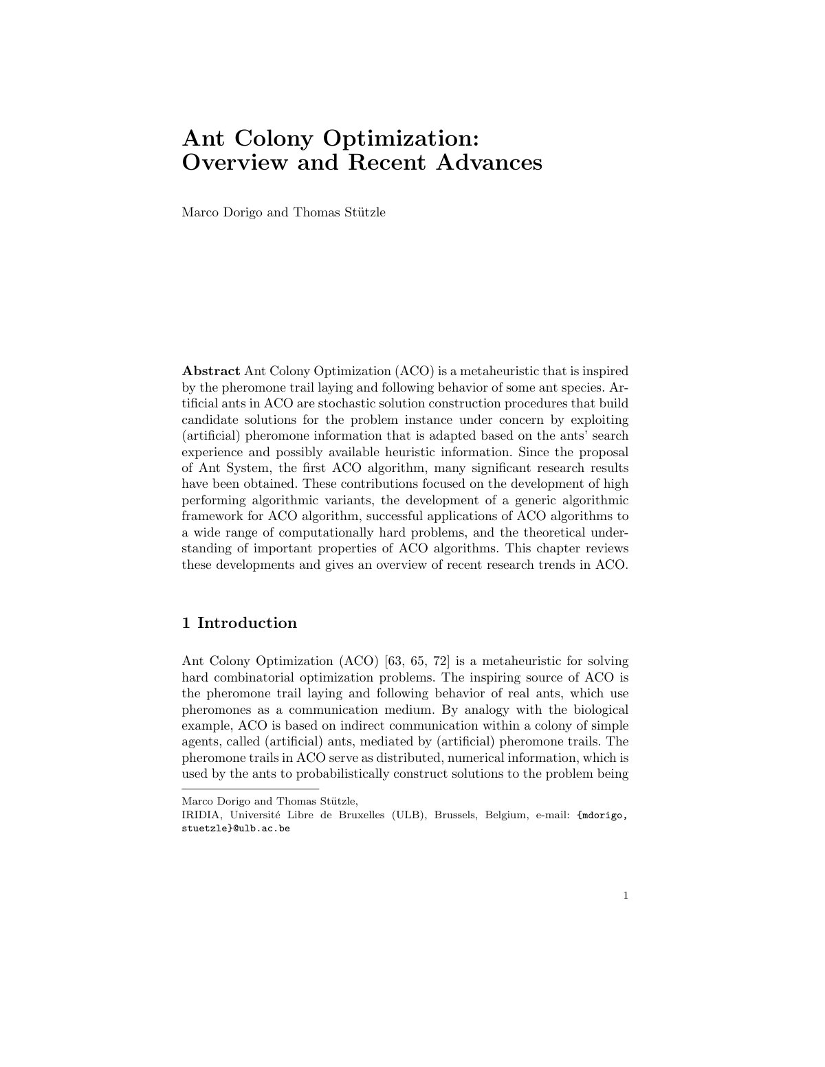 First page of An Introduction to Ant Colony Optimizati
