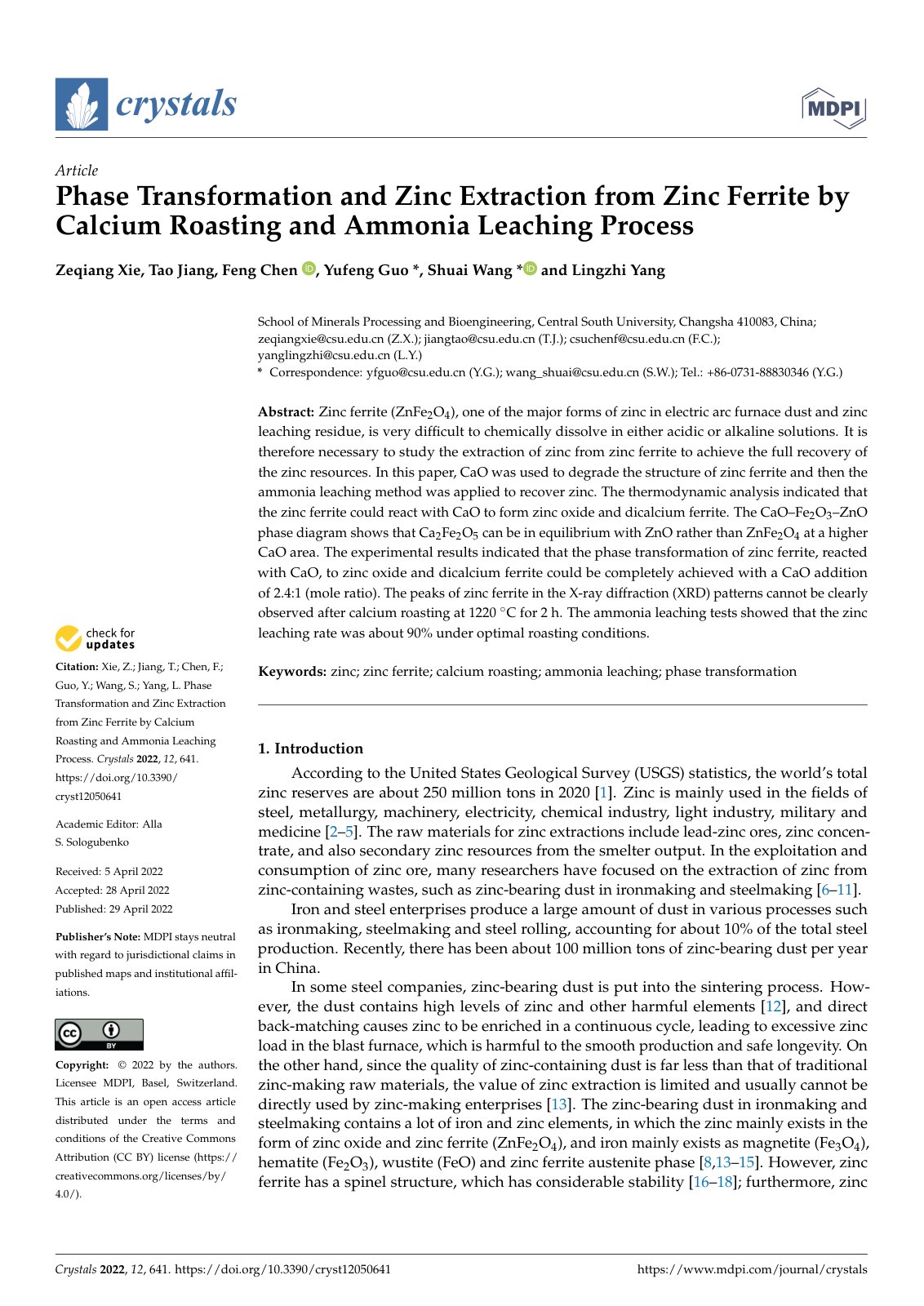 First page of Phase Transformation and Zinc Extraction from Zinc Ferrite by Calcium Roasting and Ammonia Leaching Process