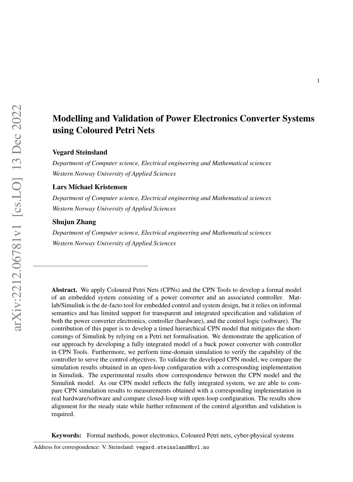First page of Modelling and Validation of Power Electronics Converter Systems using Coloured Petri Nets