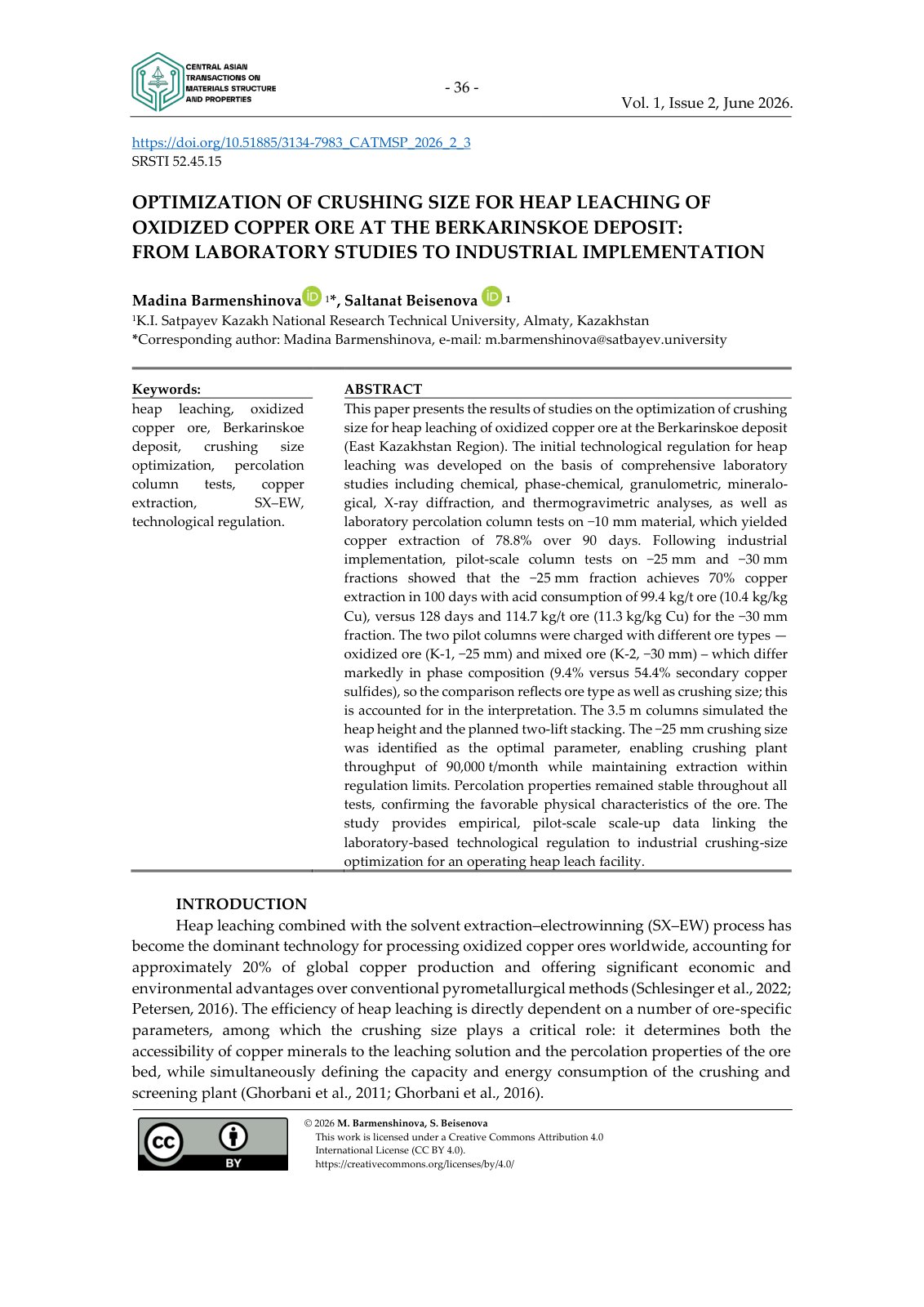 First page of Optimization of crushing size for heap leaching of oxidized copper ore at the Berkarinskoe deposit: from laboratory studies to industrial implementation