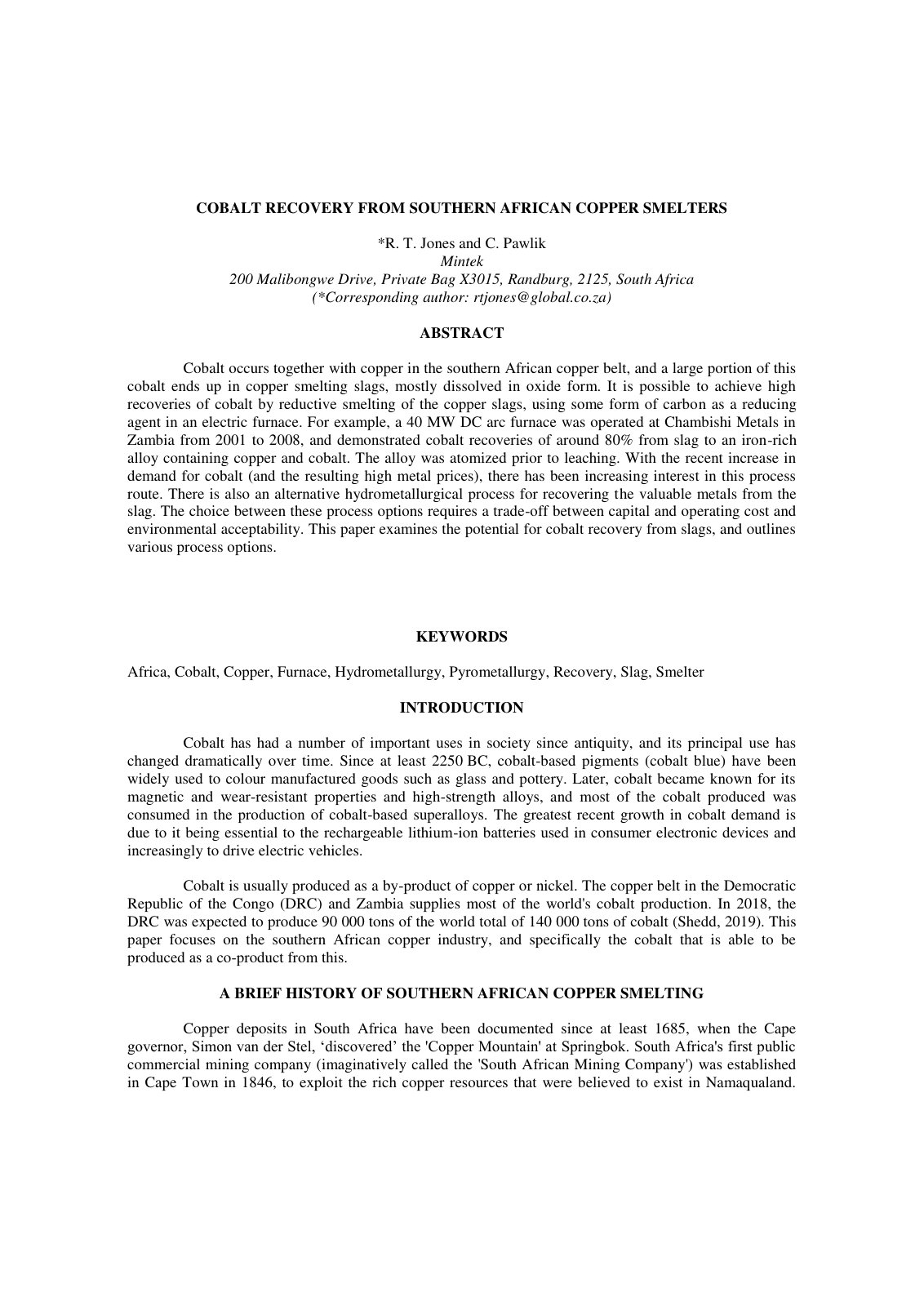 First page of COBALT RECOVERY FROM SOUTHERN AFRICAN COPPER SMELTERS
