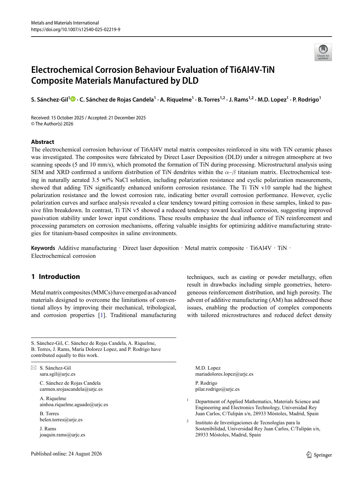 First page of 2026 SanchezGil Ti6Al4V TiN Corrosion