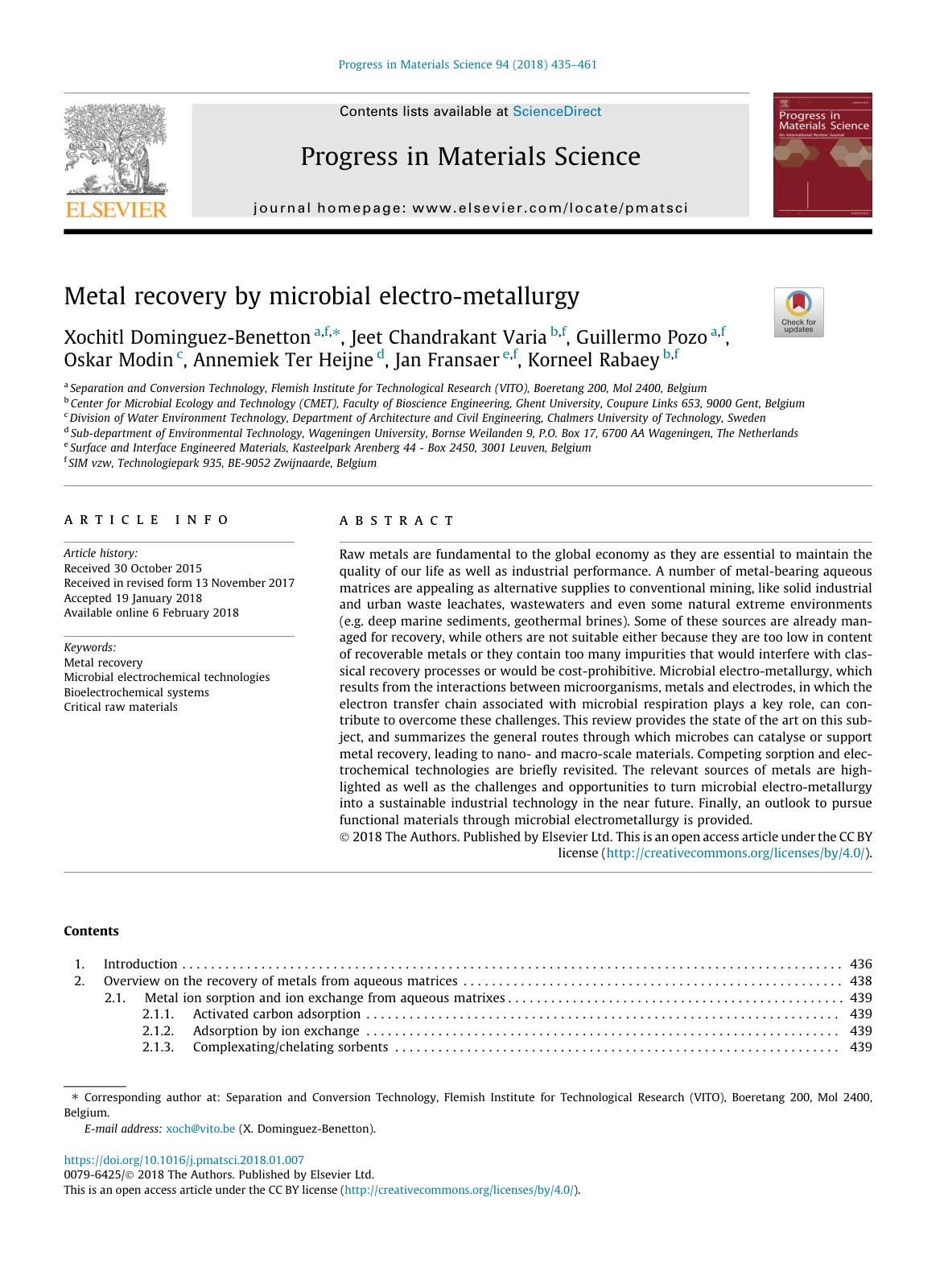 First page of Metal recovery by microbial electro meta