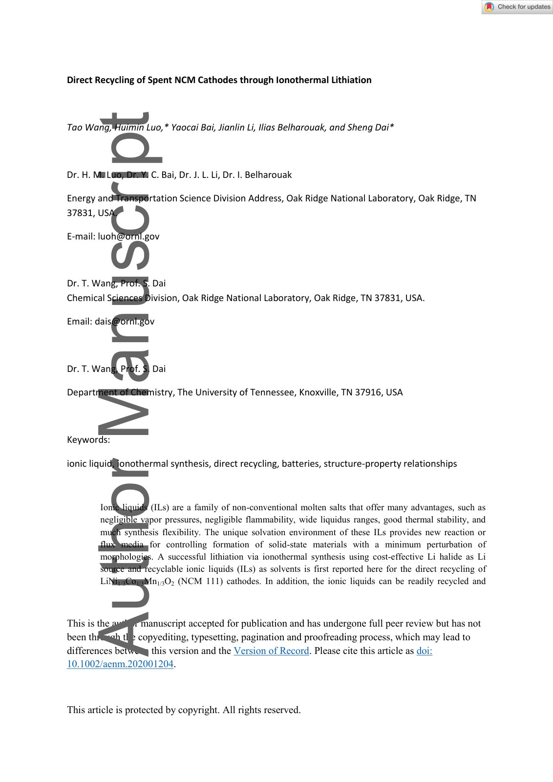 First page of Direct Recycling of Spent NCM Cathodes t
