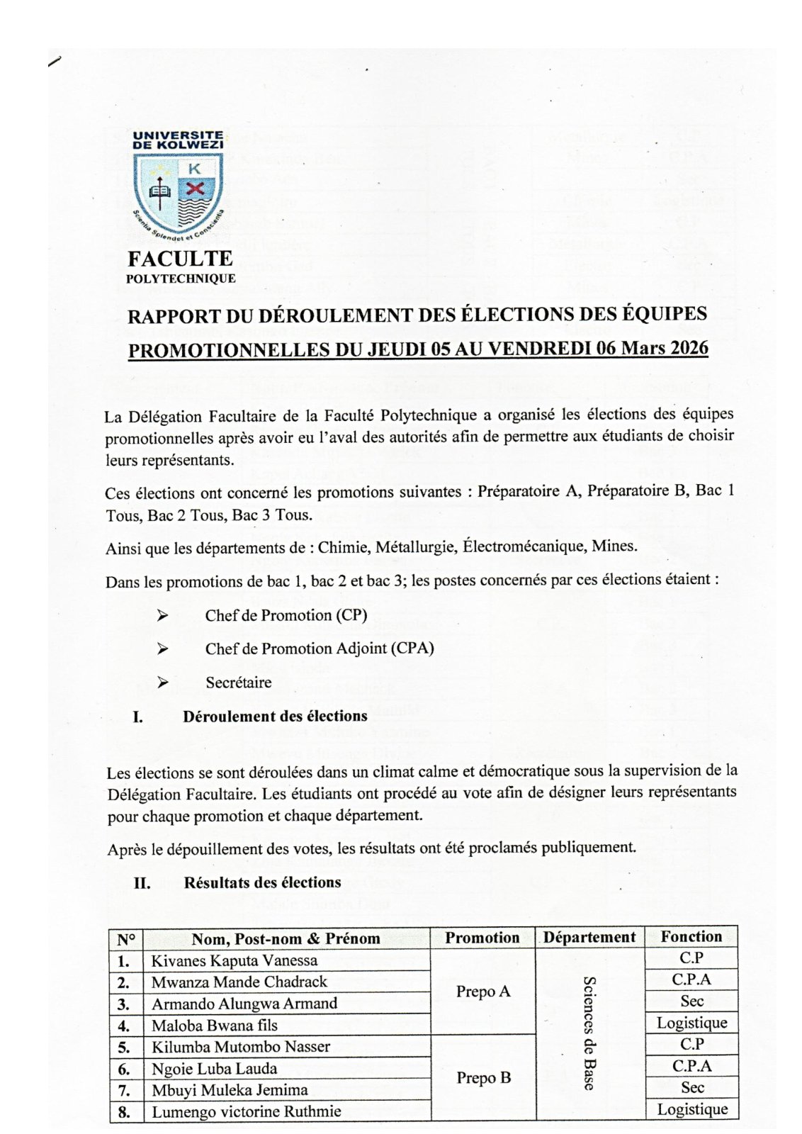 First page of RAPPORT DU DEROULEMENT DES ELECTIONS DES EQUIPES PROMOTIONNELLES DU JEUDI 05 AU VENDREDI 06 Mars 2026