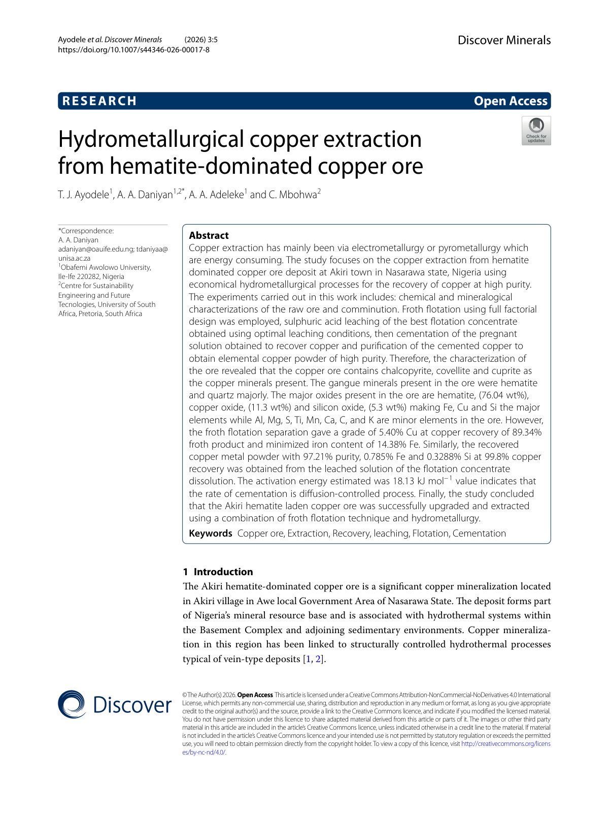 First page of Hydrometallurgical copper extraction from hematite-dominated copper ore