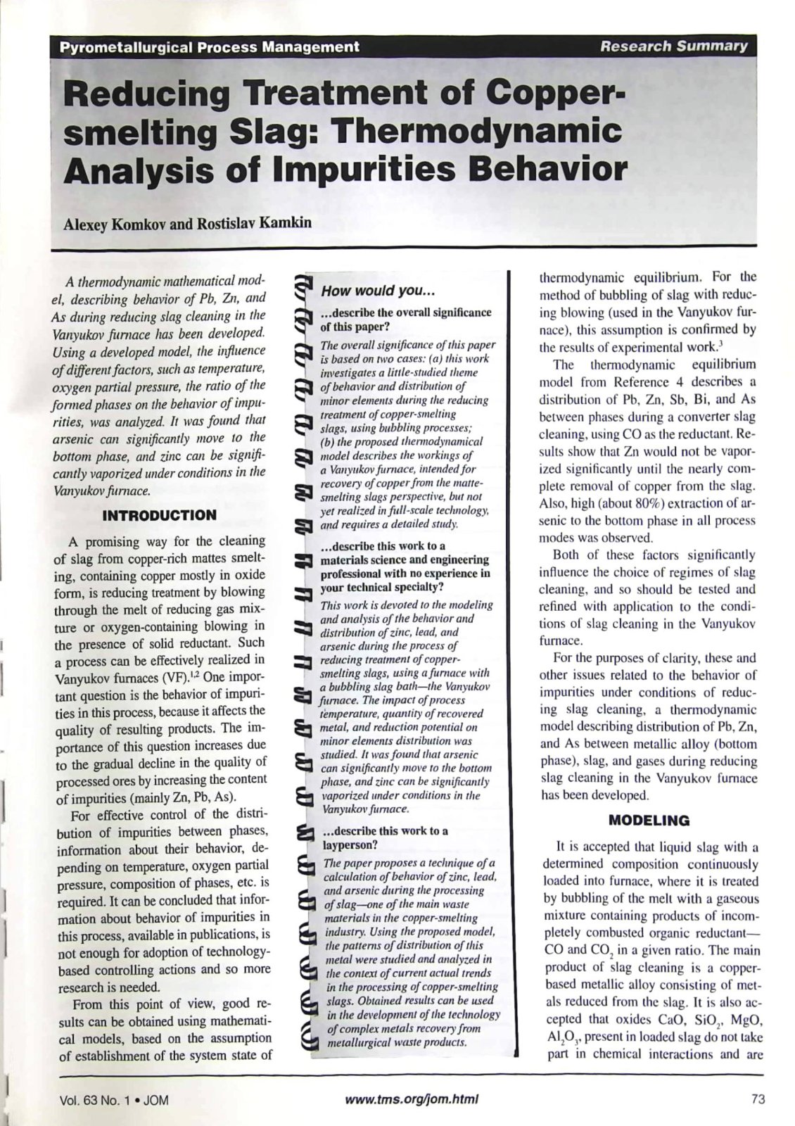 First page of Reducing Treatment of Copper-smelting Slag: Thermodynamic Analysis of Impurities Behavior