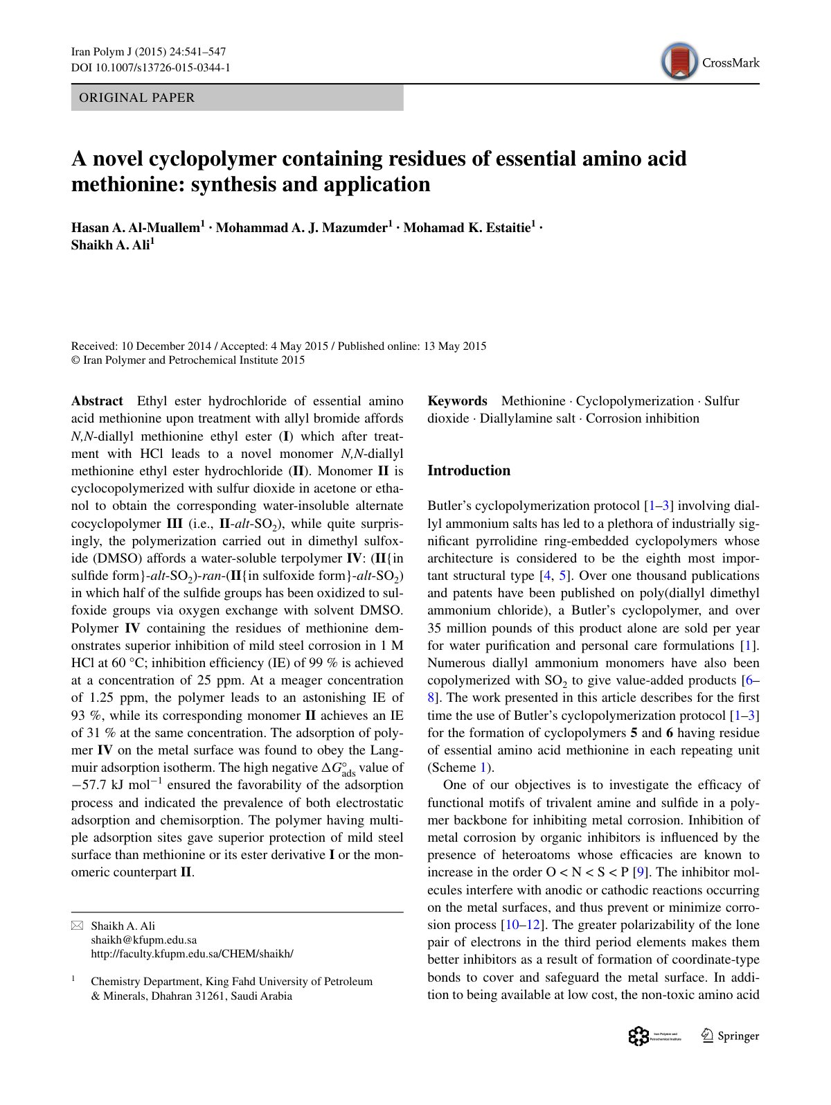 First page of A novel cyclopolymer containing residues