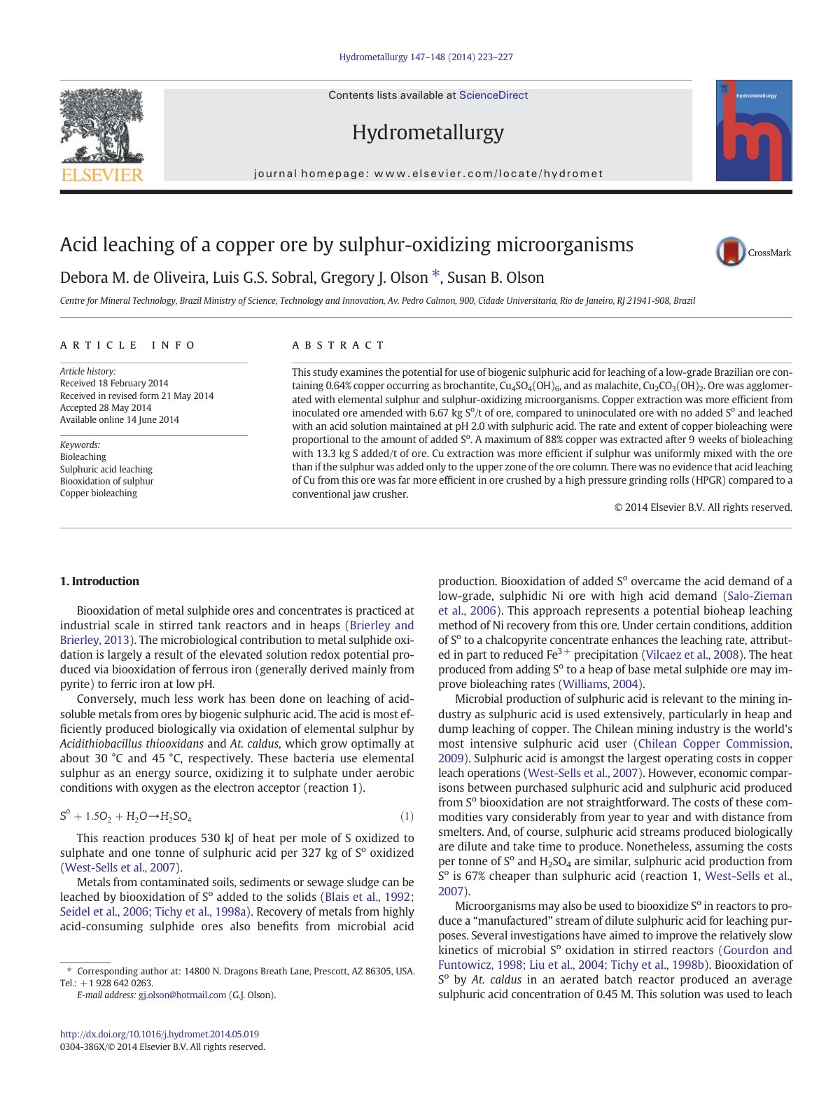 First page of Acid leaching of a copper ore by sulphur-oxidizing microorganisms