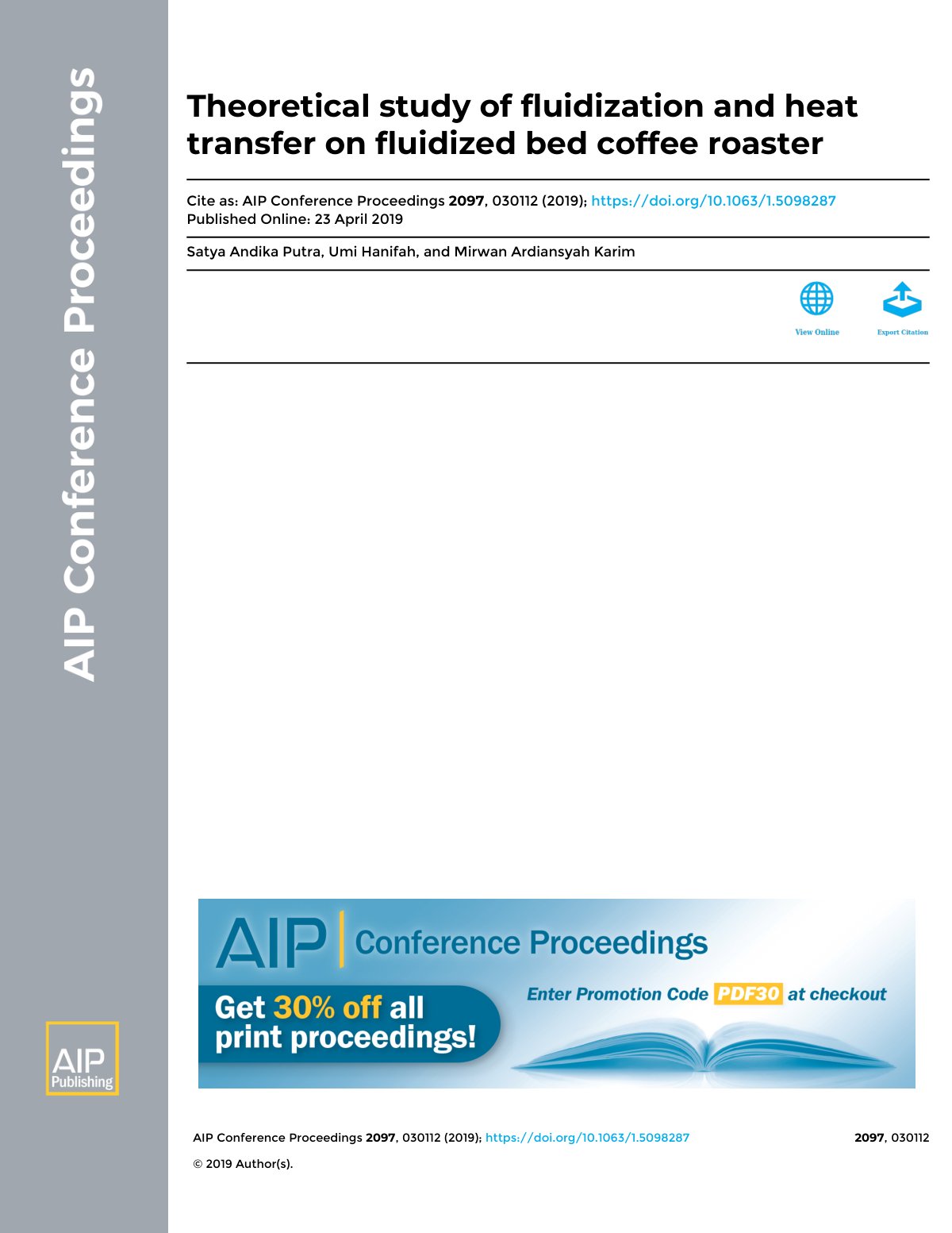 First page of Theoretical study of fluidization and heat transfer on fluidized bed coffee roaster