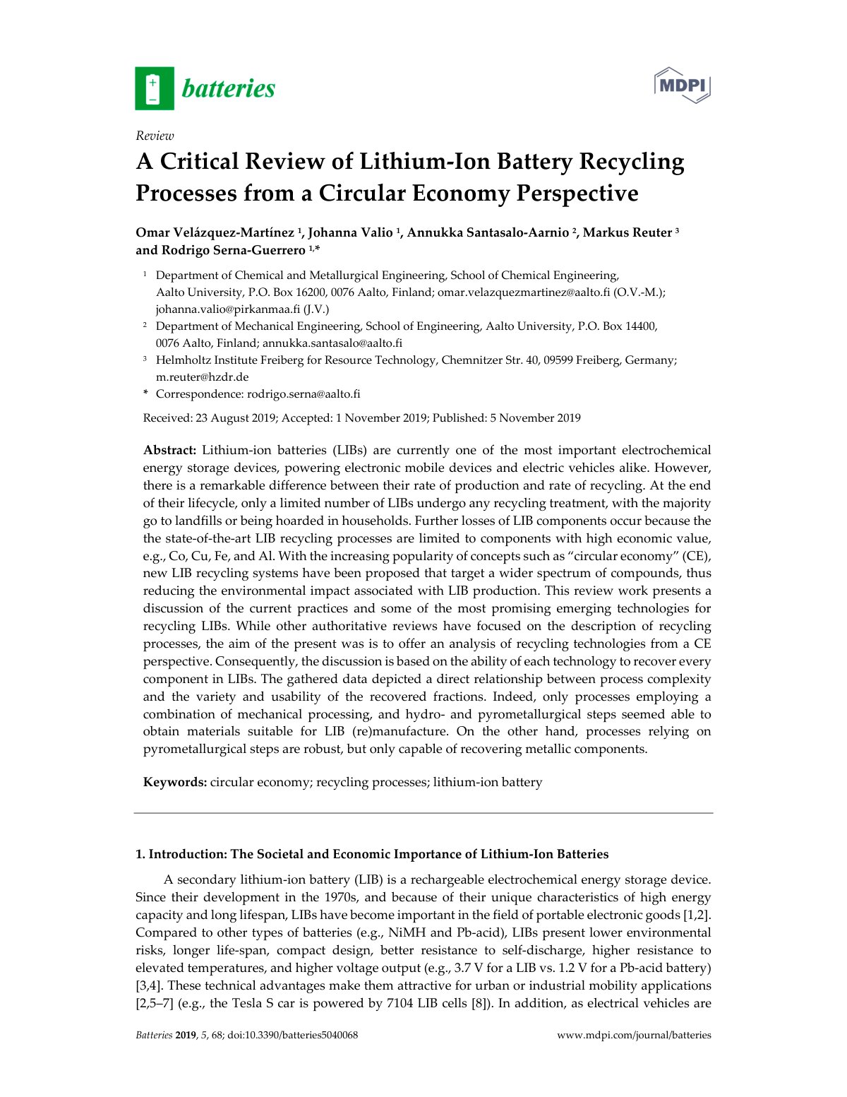 First page of A Critical Review of Lithium Ion Battery