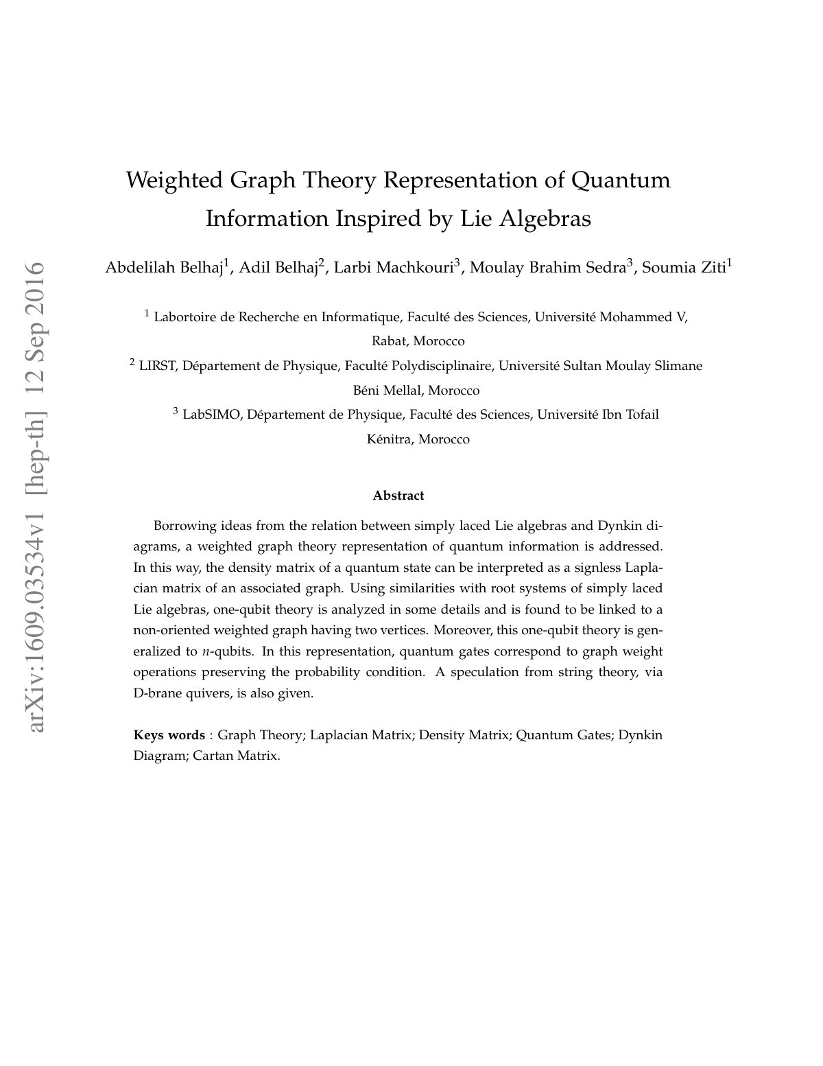 First page of Weighted Graph Theory Representation of Quantum Information Inspired by Lie Algebras