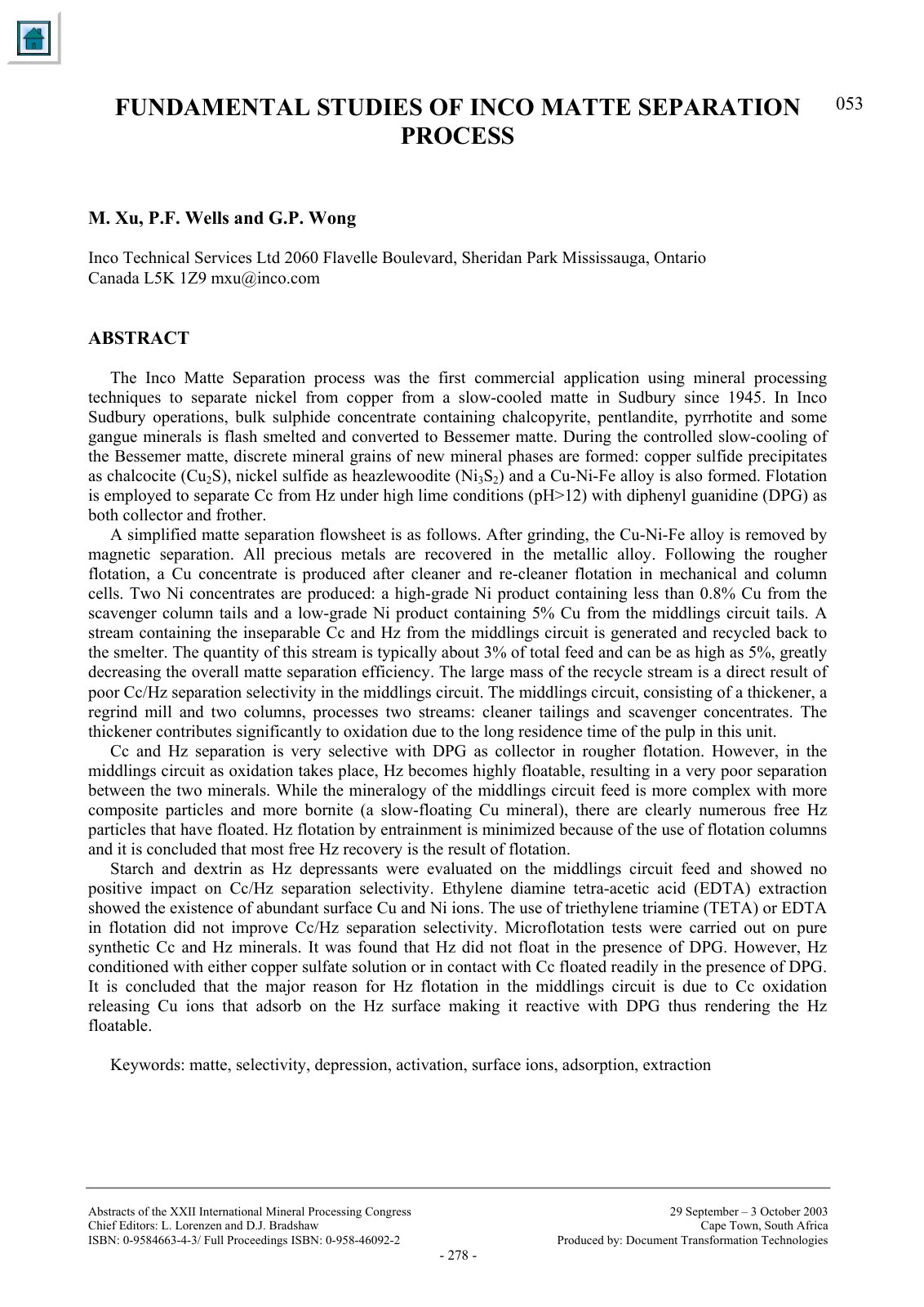 First page of FUNDAMENTAL STUDIES OF INCO MATTE SEPARATION PROCESS