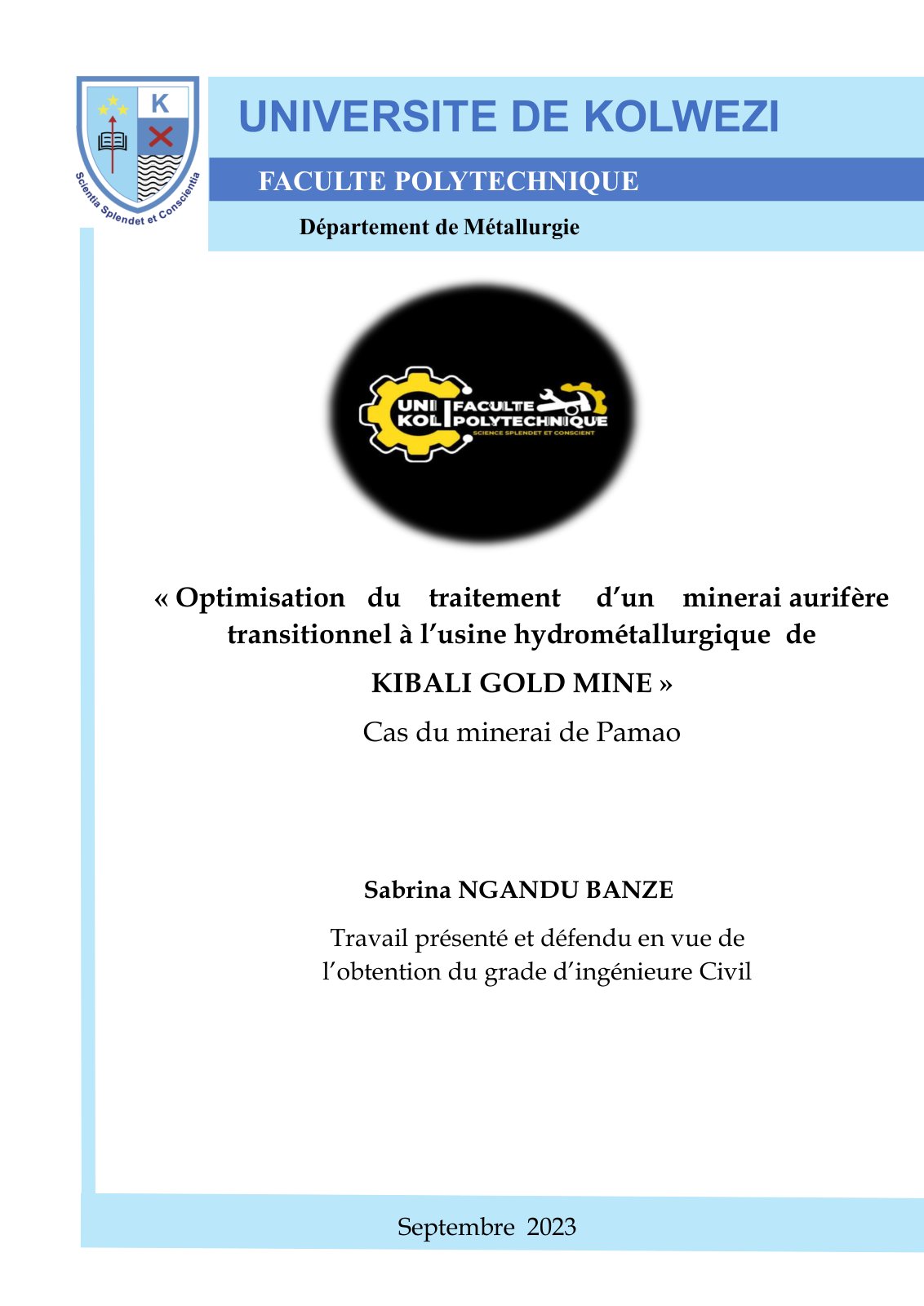 First page of Optimisation du traitement d’un minerai aurifère transitionnel à l’usine hydrométallurgique de KIBALI GOLD MINE