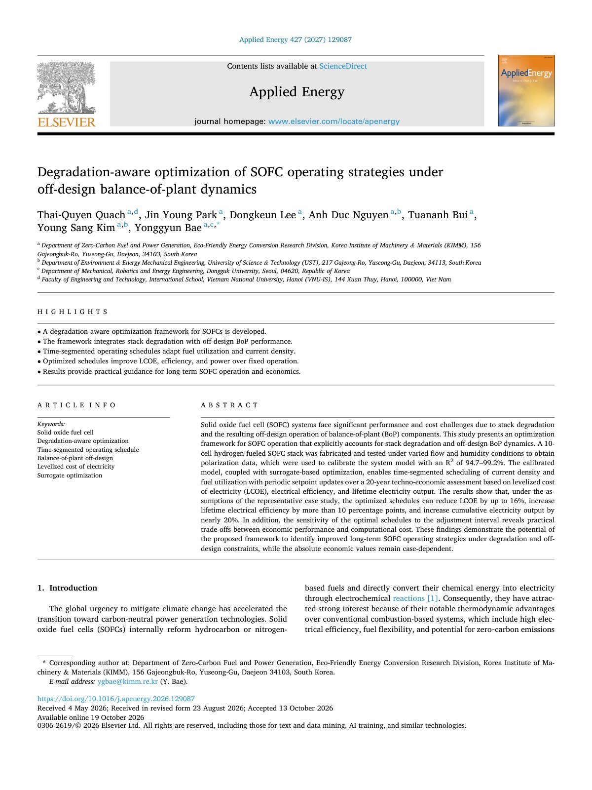 First page of Degradation aware optimization of SOFC operating strategies un 2027 Applied 
