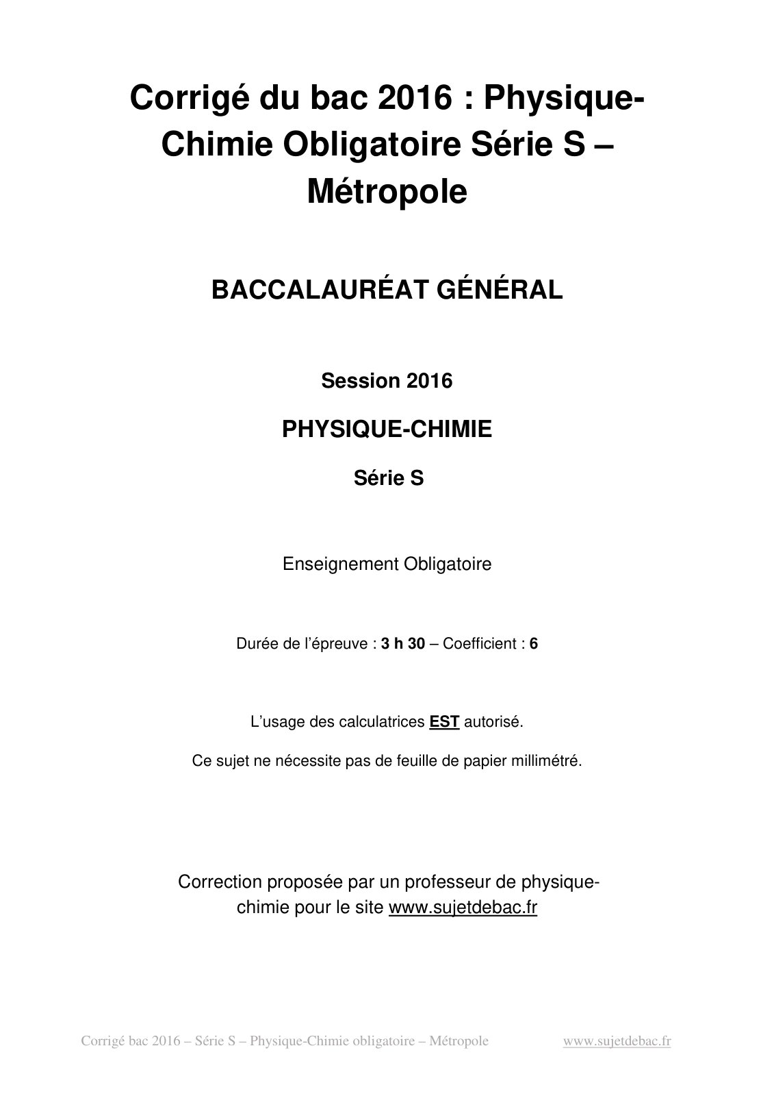 First page of PHYSIQUE CHIMIE Serie S