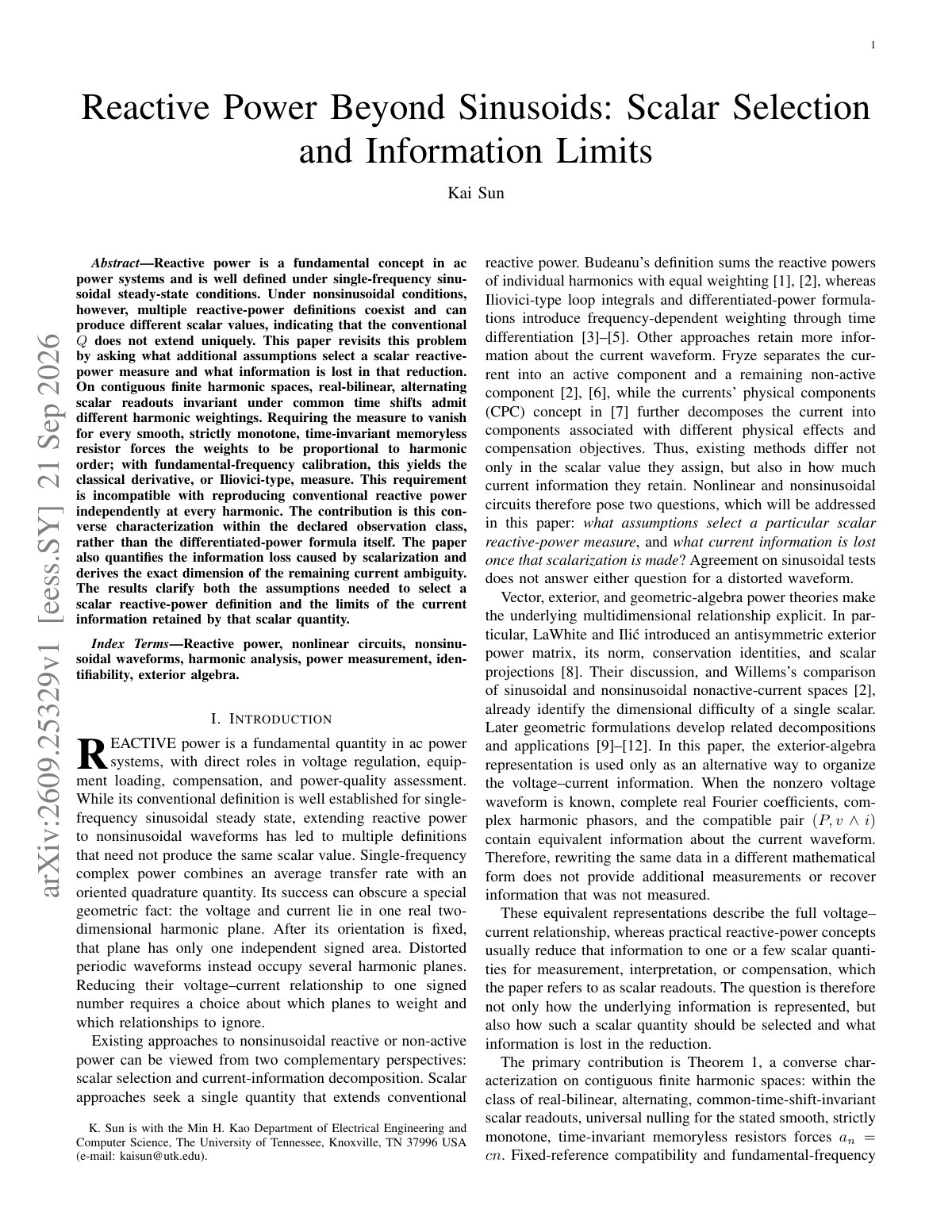 First page of Reactive Power Beyond Sinusoids: Scalar Selection and Information Limits