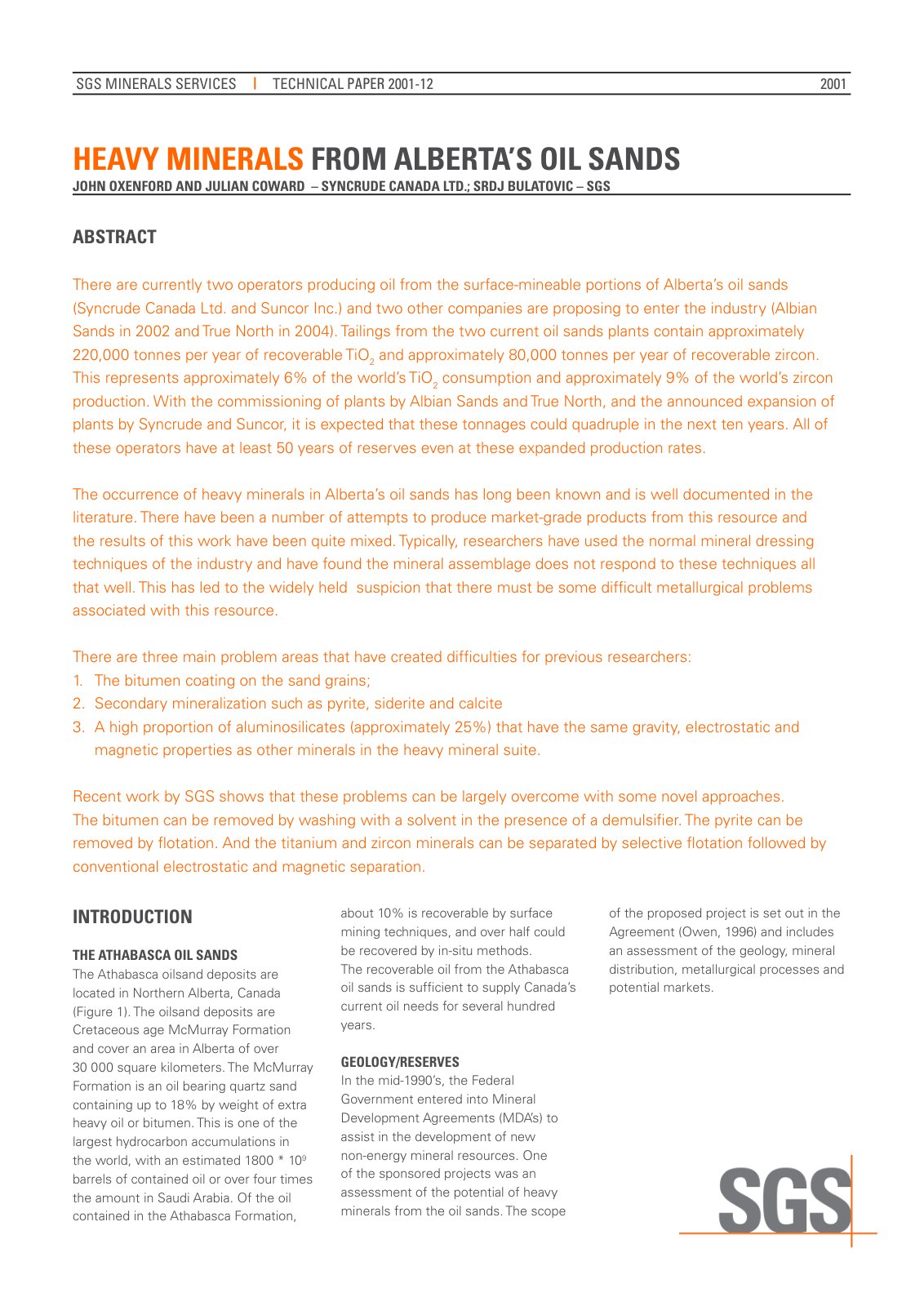 First page of SGS MIN TP2001 12 Solutions for Oil Sands Metallurgy
