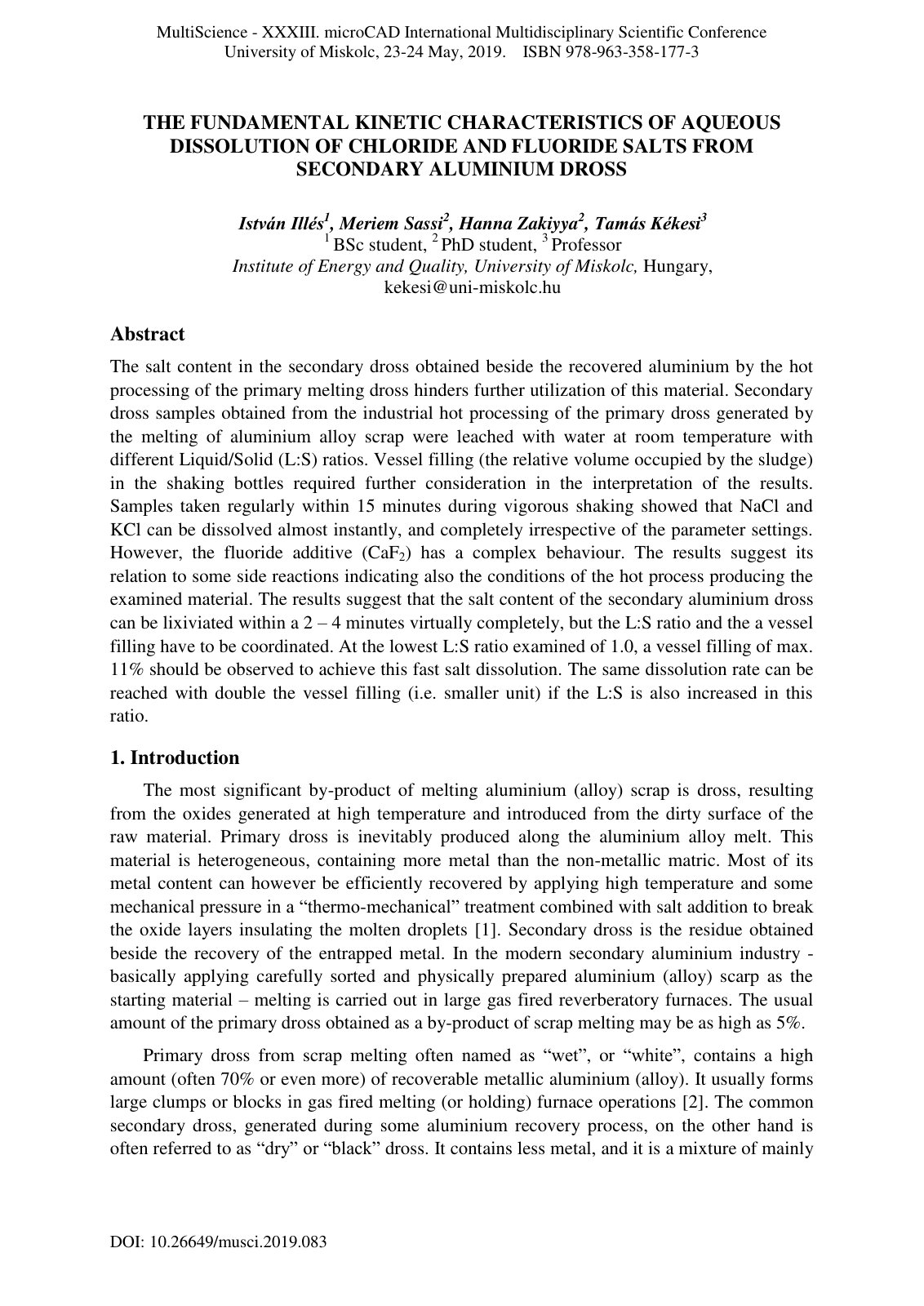 First page of THE FUNDAMENTAL KINETIC CHARACTERISTICS OF AQUEOUS DISSOLUTION OF CHLORIDE AND FLUORIDE SALTS FROM SECONDARY ALUMINIUM DROSS