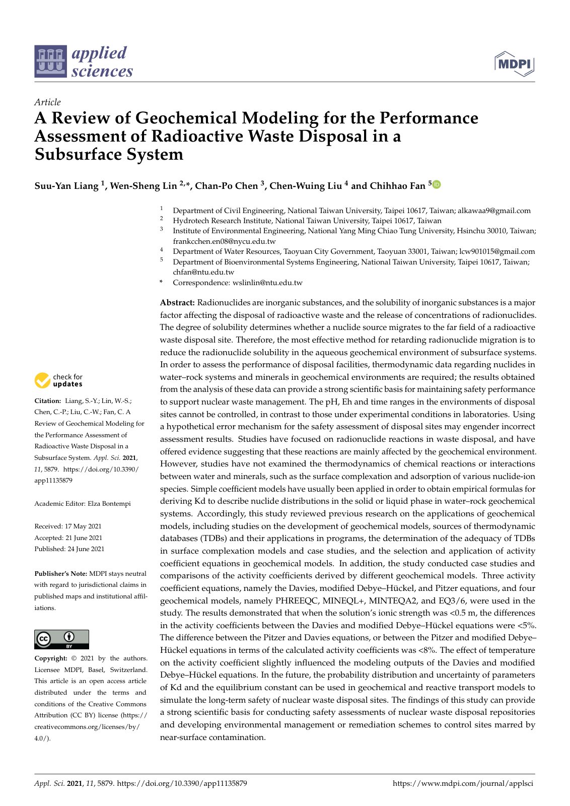 First page of A Review of Geochemical Modeling for the Performance Assessment of Radioactive W aste Disposal in a Subsurface System