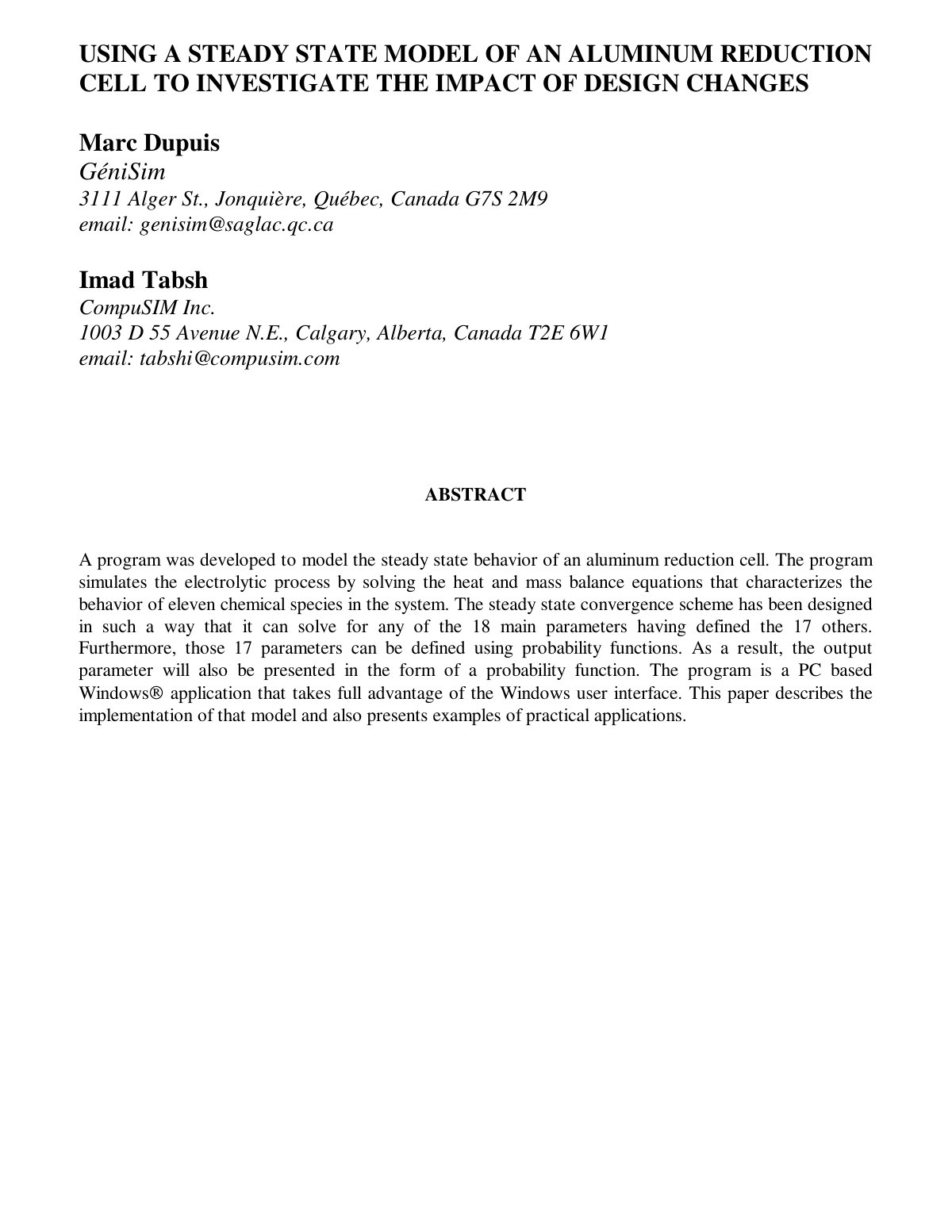 First page of USING A STEADY STATE MODEL OF AN ALUMINUM REDUCTION CELL TO INVESTIGATE THE IMPACT OF DESIGN CHANGES