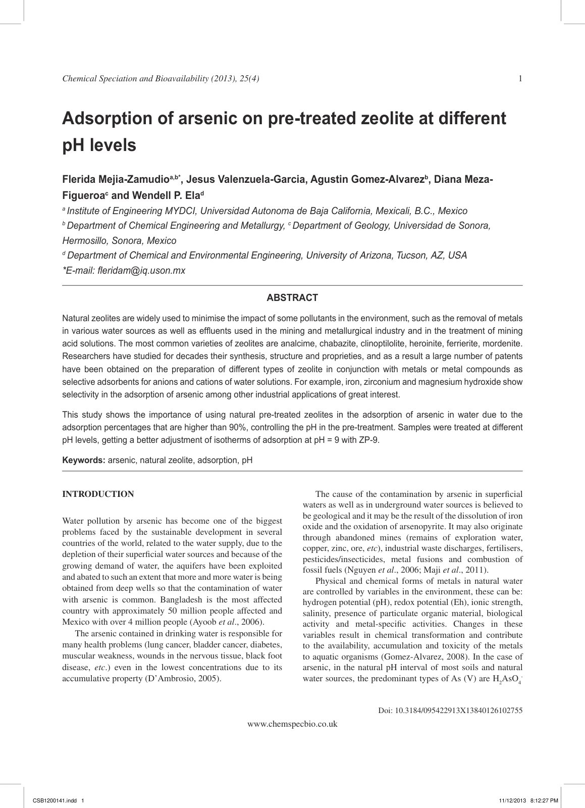 First page of Adsorption of arsenic on pre-treated zeolite at different pH levels