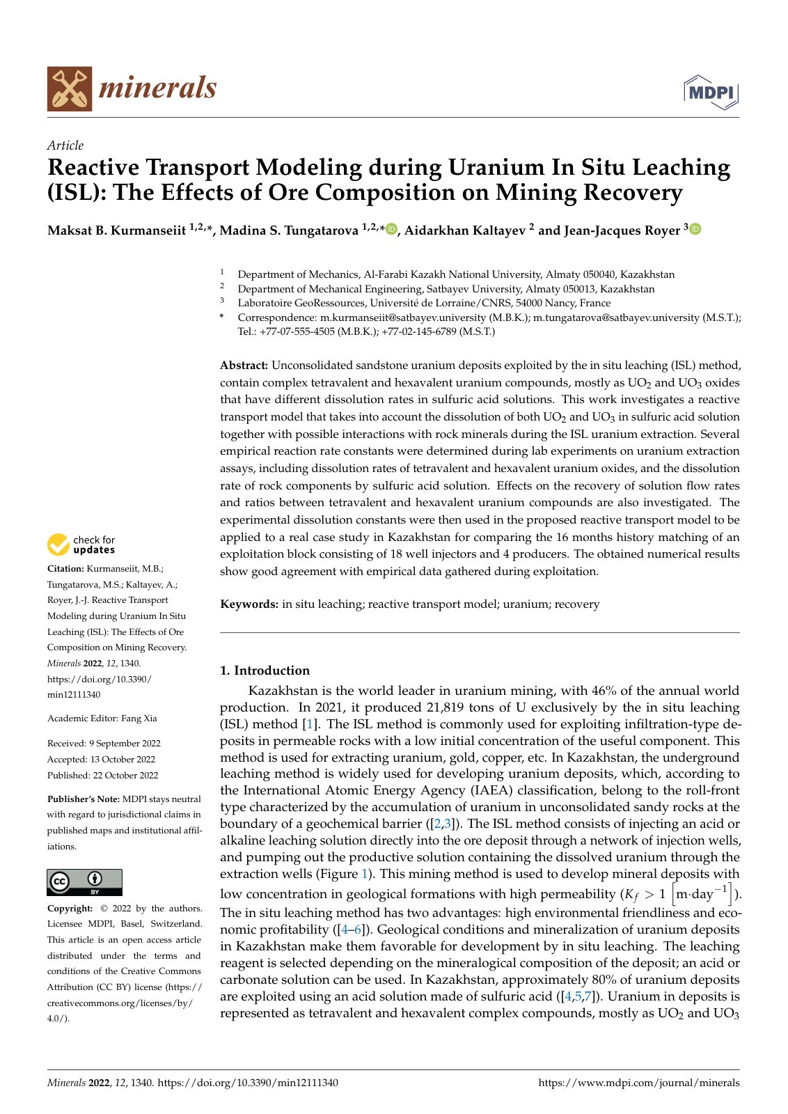 First page of Reactive Transport Modeling during Uranium In Situ Leaching (ISL): The Effects of Ore Composition on Mining Recovery