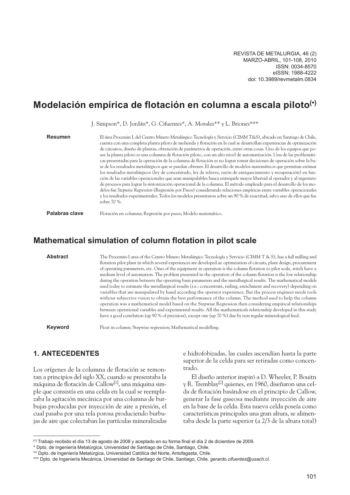First page of Modelacion empirica de flotacion en colu