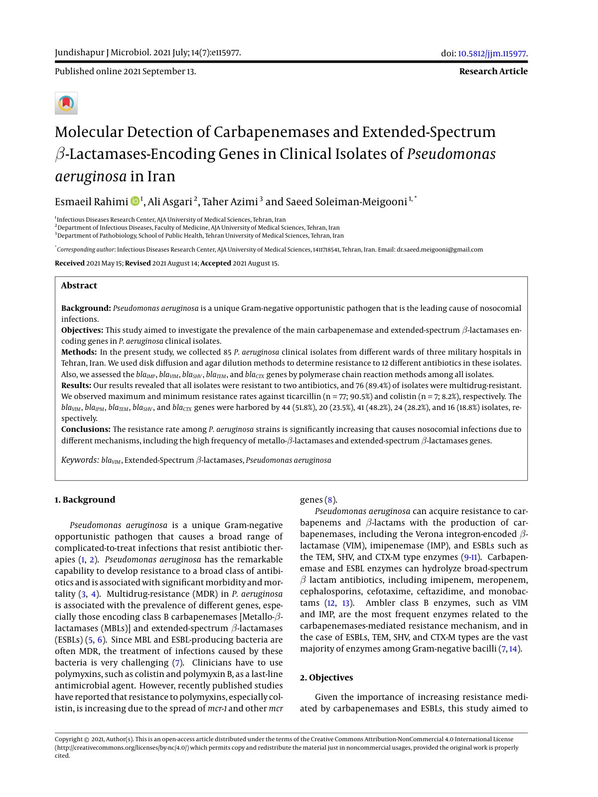 First page of Molecular Detection of Carbapenemases and Extended-Spectrum β-Lactamases-Encoding Genes in Clinical Isolates of Pseudomonas aeruginosa in Iran