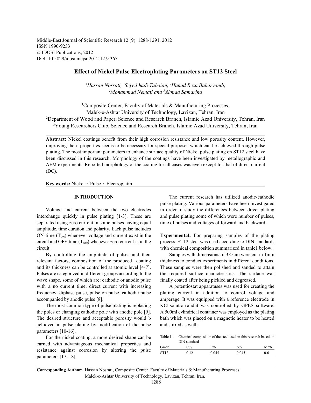 First page of Effect of Nickel Pulse Electroplating Parameters on ST12 Steel