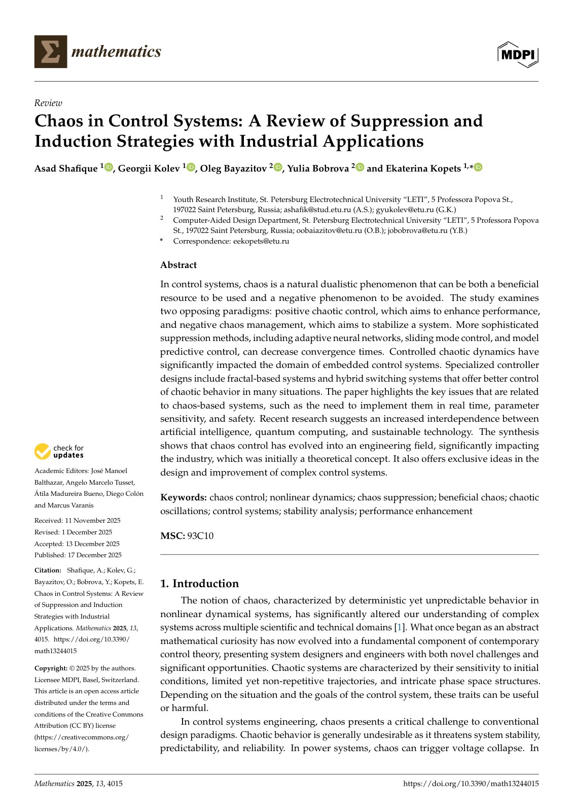 First page of Chaos in Control Systems: A Review of Suppression and Induction Strategies with Industrial Applications