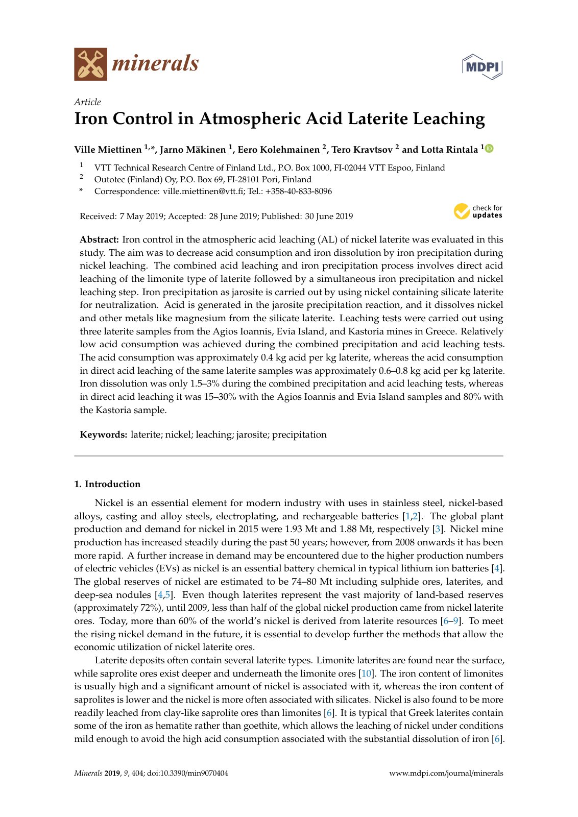 First page of Iron Control in Atmospheric Acid Laterite Leaching