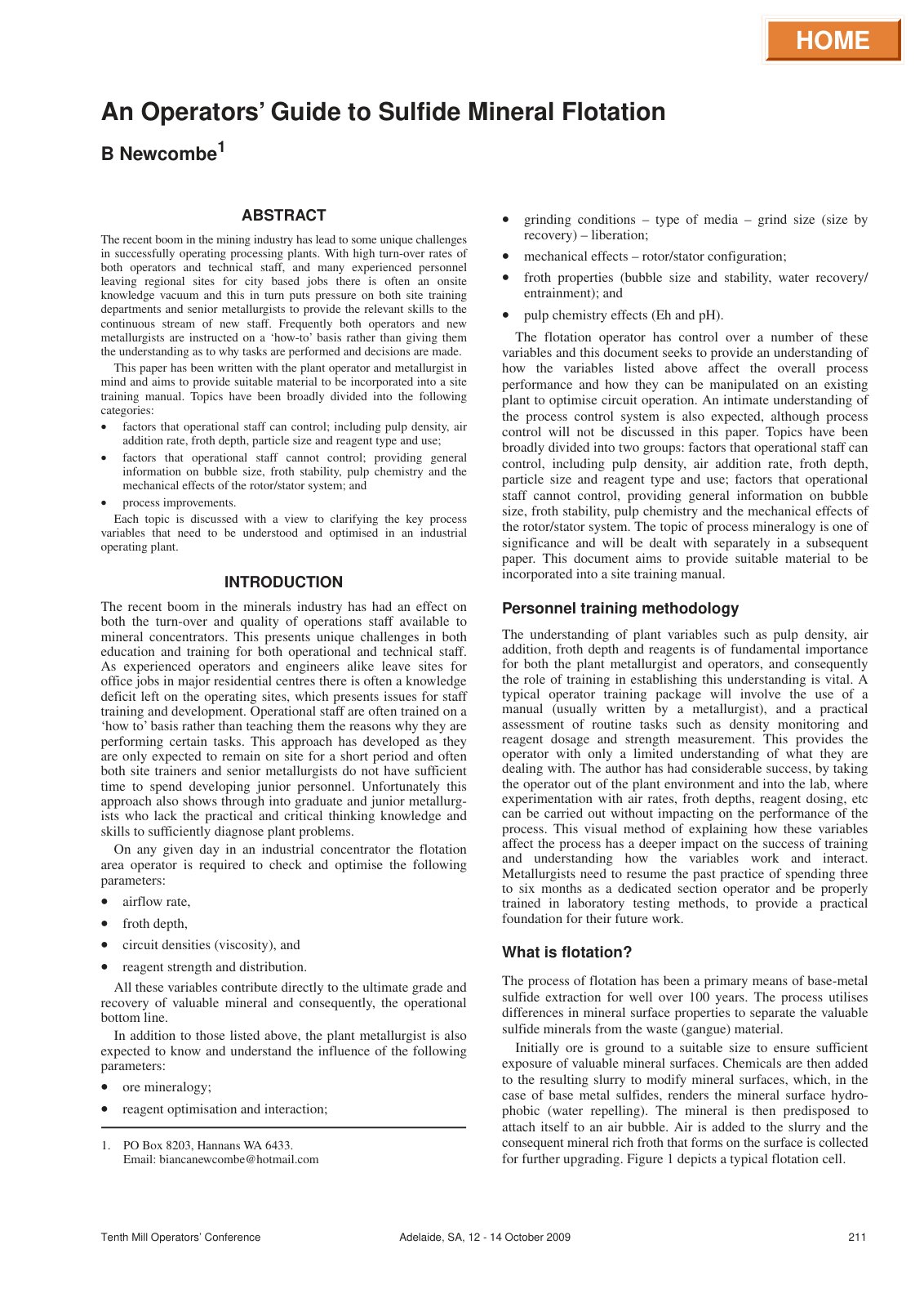 First page of An operator's guide to sulfide mineral flotation Newcombe B