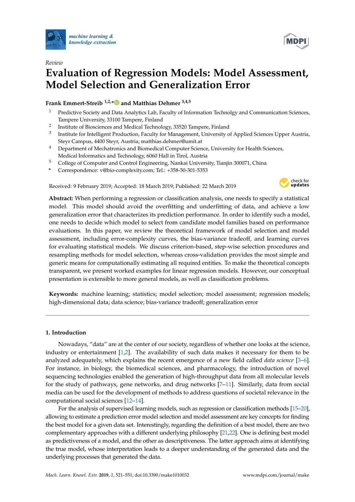 First page of Evaluation of Regression Models: Model Assessment, Model Selection and Generalization Error