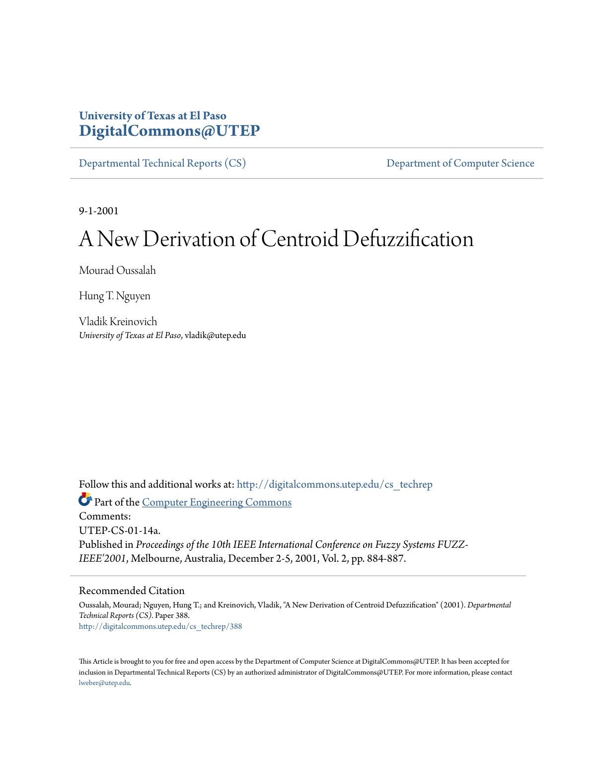 First page of A New Derivation of Centroid Defuzzification