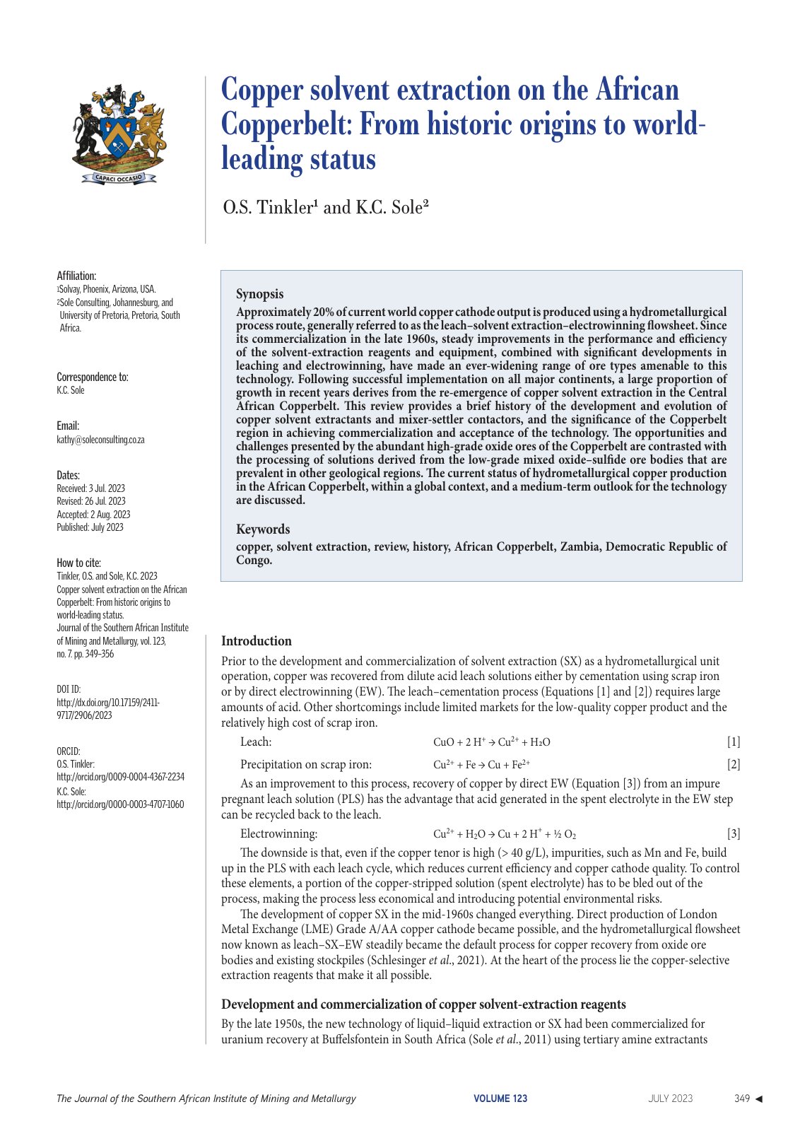First page of The Journal of the Southern African Institute of Mining and Metallurgy